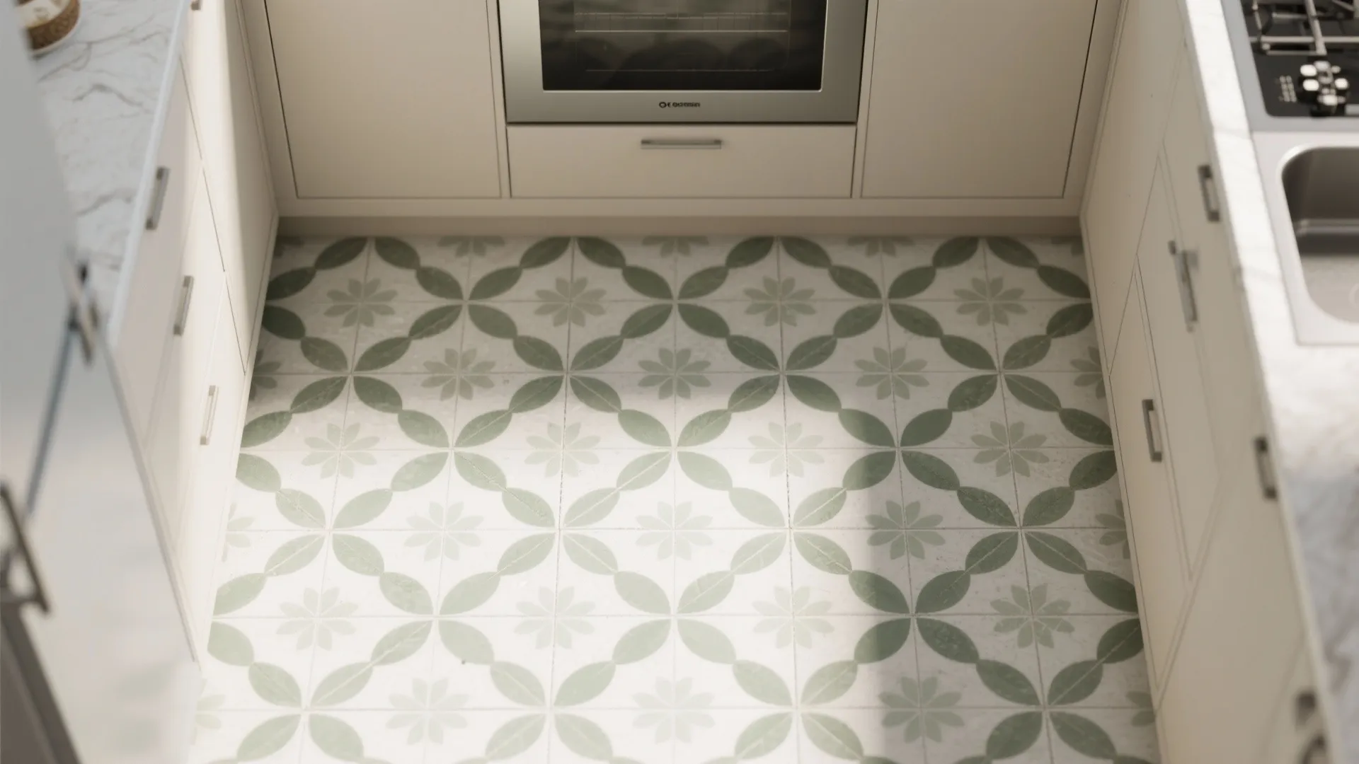 5. Patterned floor or wallpaper with sage as the anchor