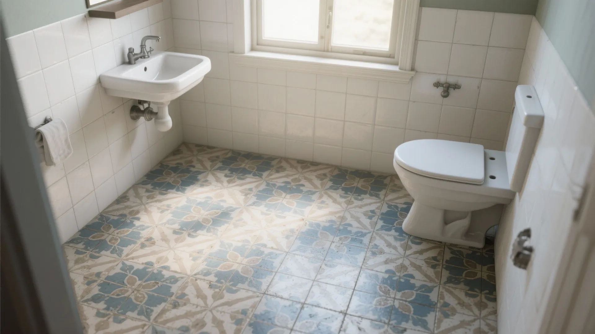 Small bathroom with blue patterned floor tiles white wall tiles sink toilet and natural light
