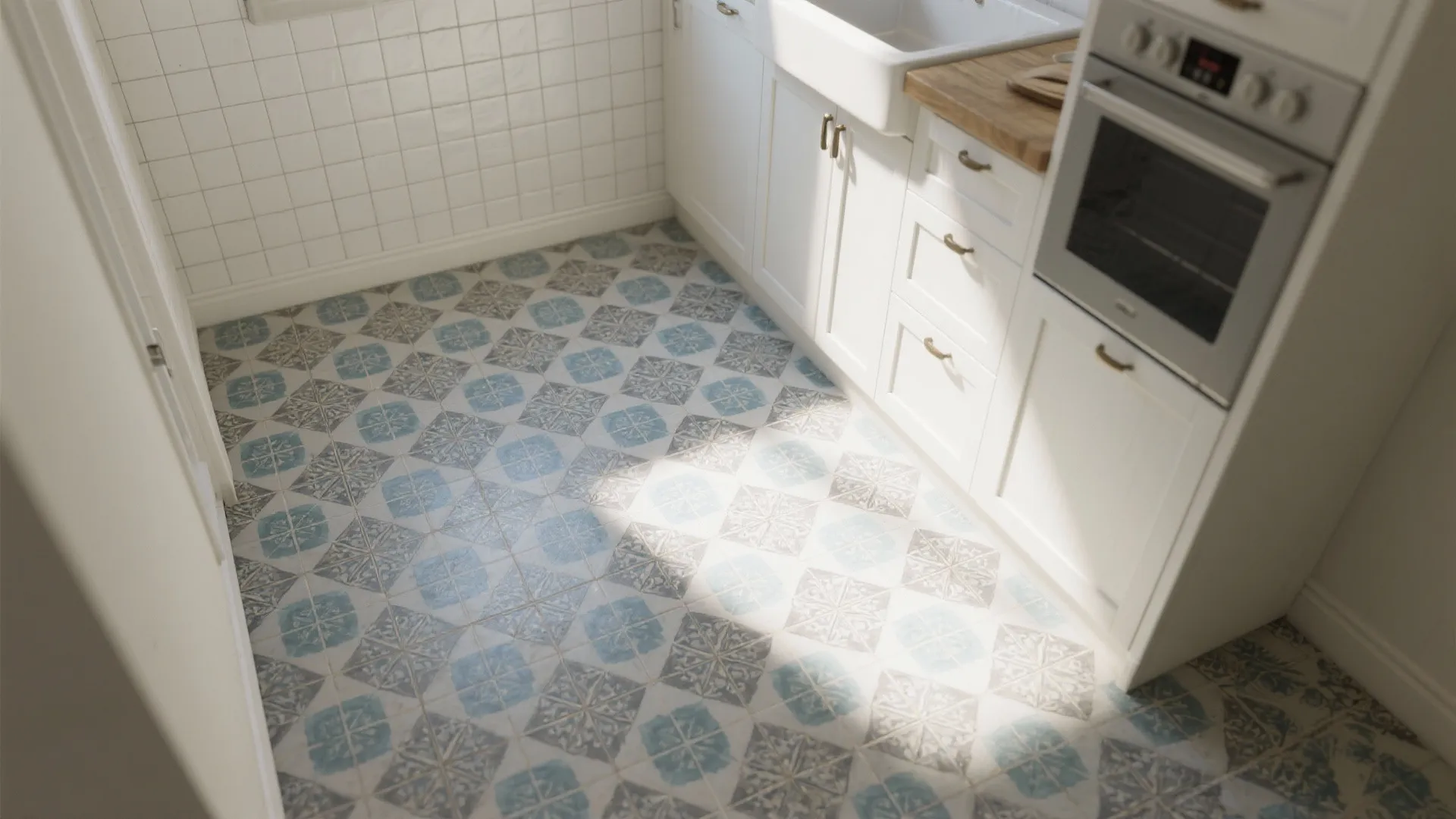 3. Patterned Floor Tiles with Simple White Walls