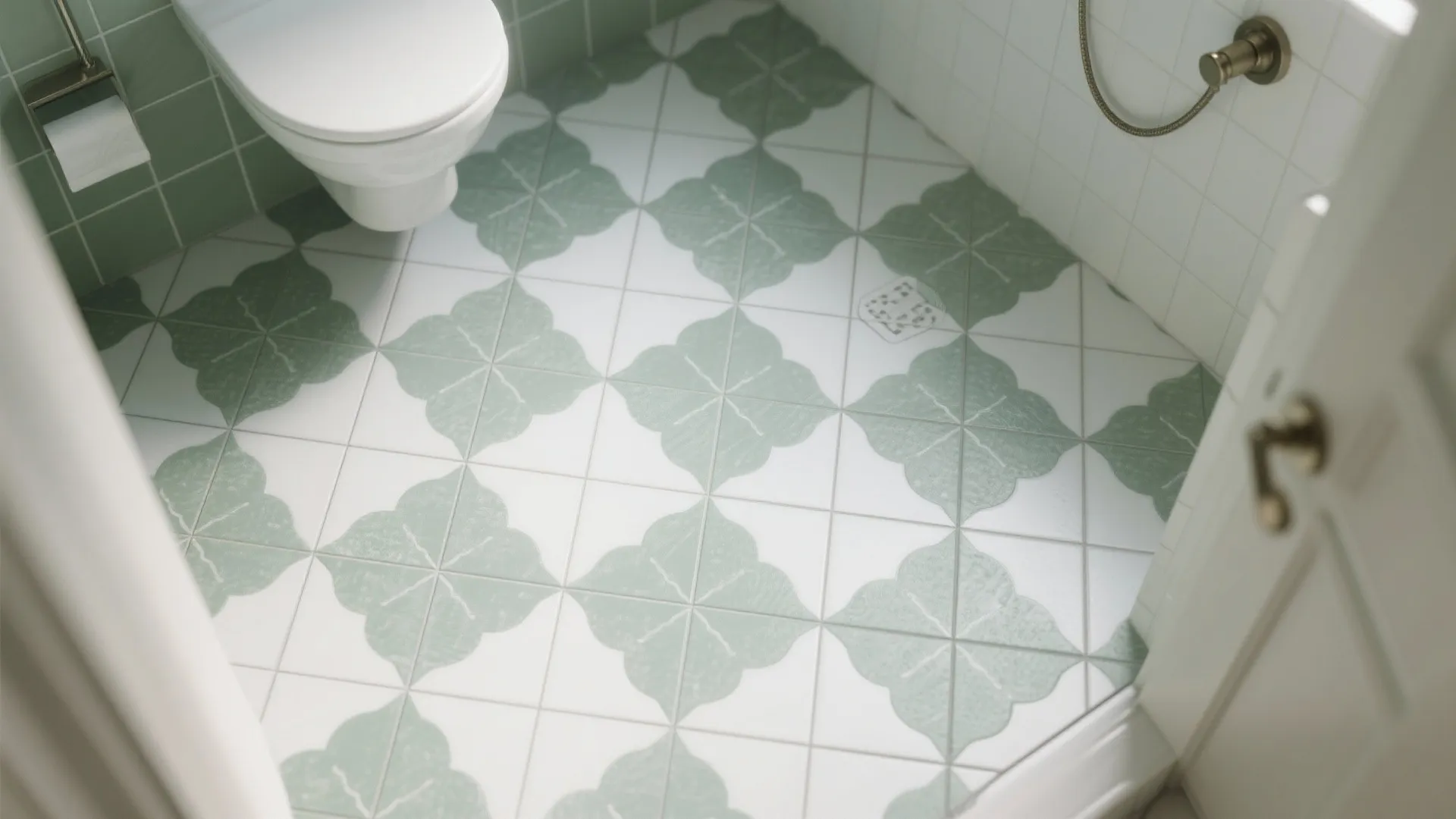Close up of green and white patterned floor tiles in a bathroom near the toilet