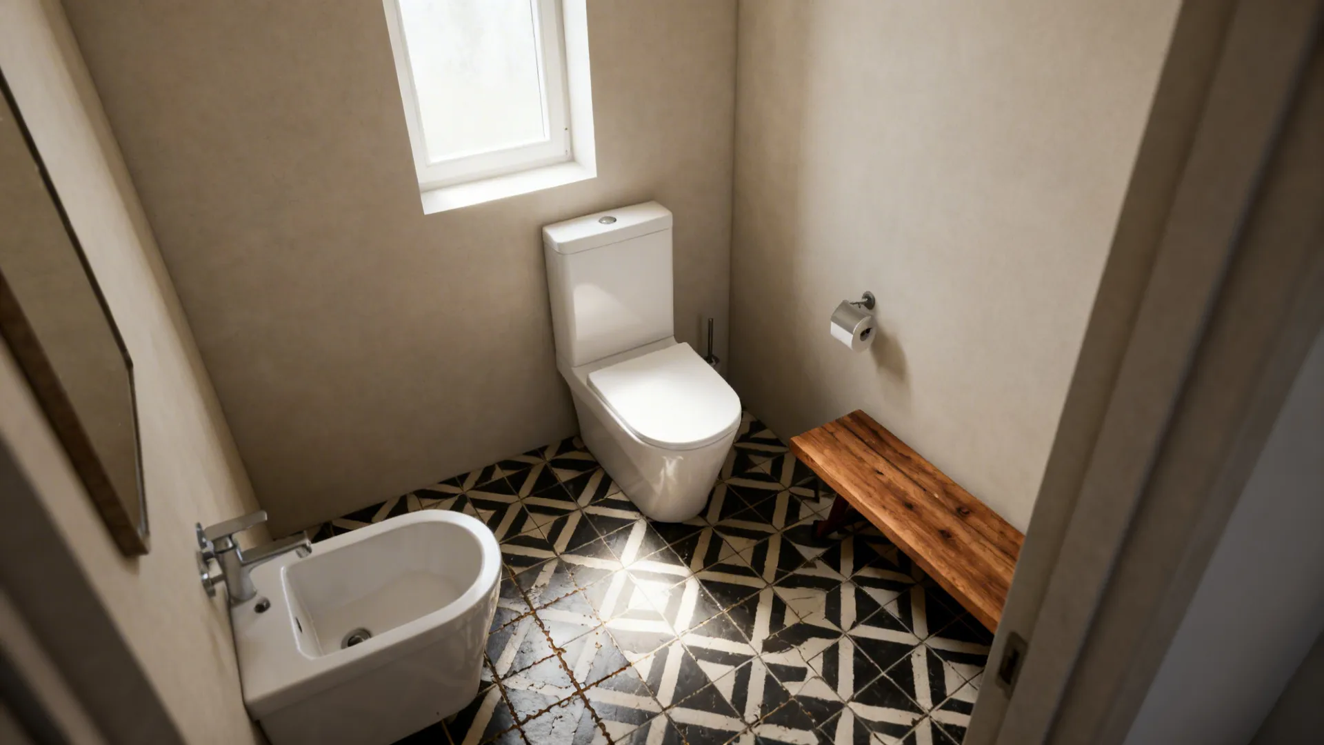 Bold patterned floor tiles contrasting with plain neutral bathroom walls