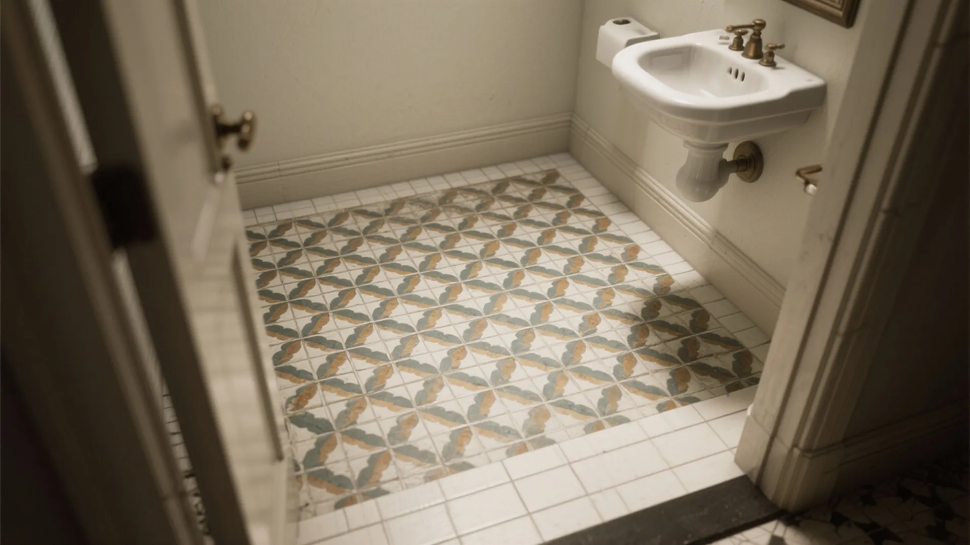 Small bathroom featuring patterned floor tiles white wall sink gold hardware and simple beige walls