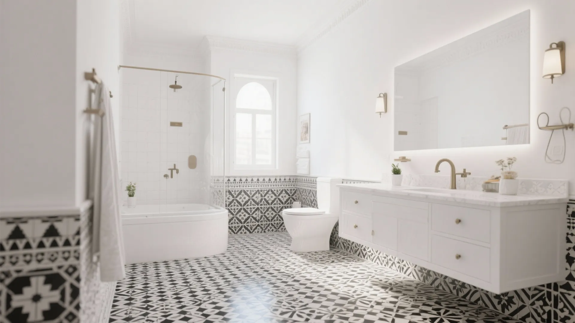 Bright white bathroom with black patterned floor tiles white cabinet bathtub toilet and arched window view
