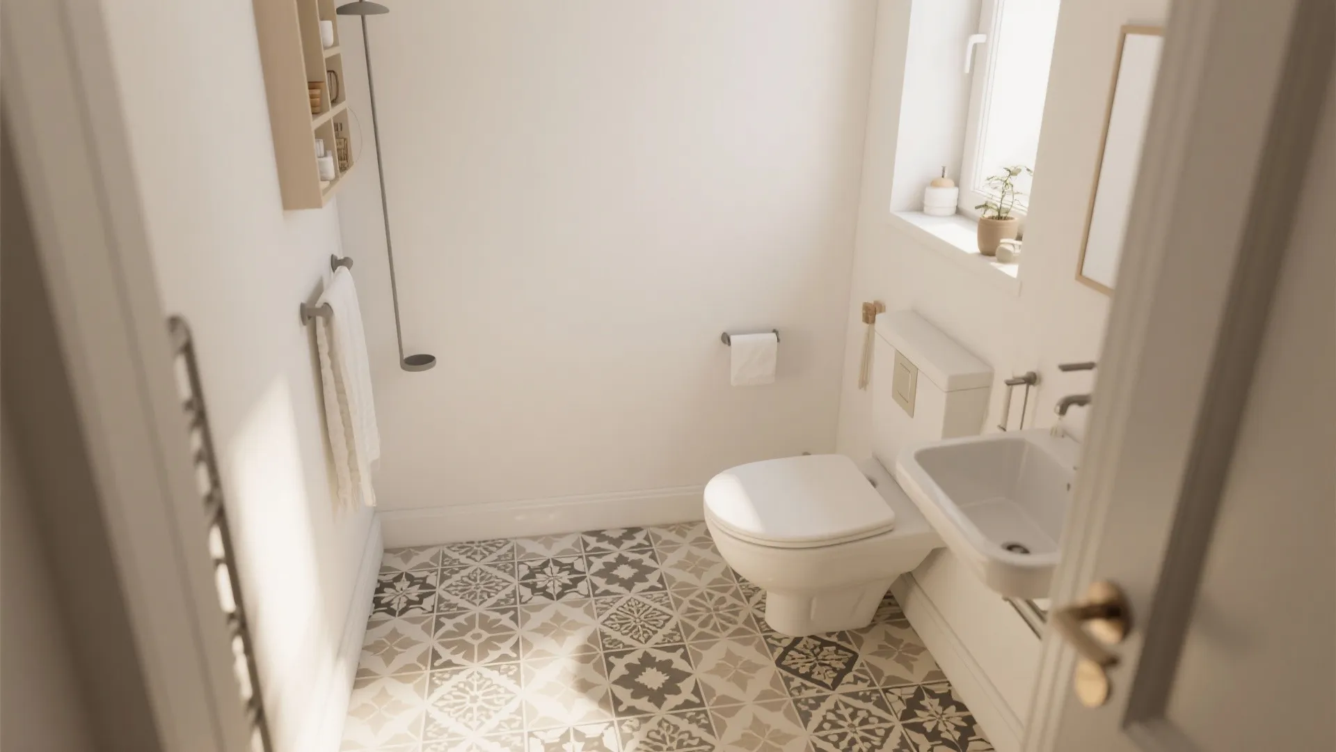Small white bathroom featuring patterned floor tiles white toilet sink shelf and window with natural light