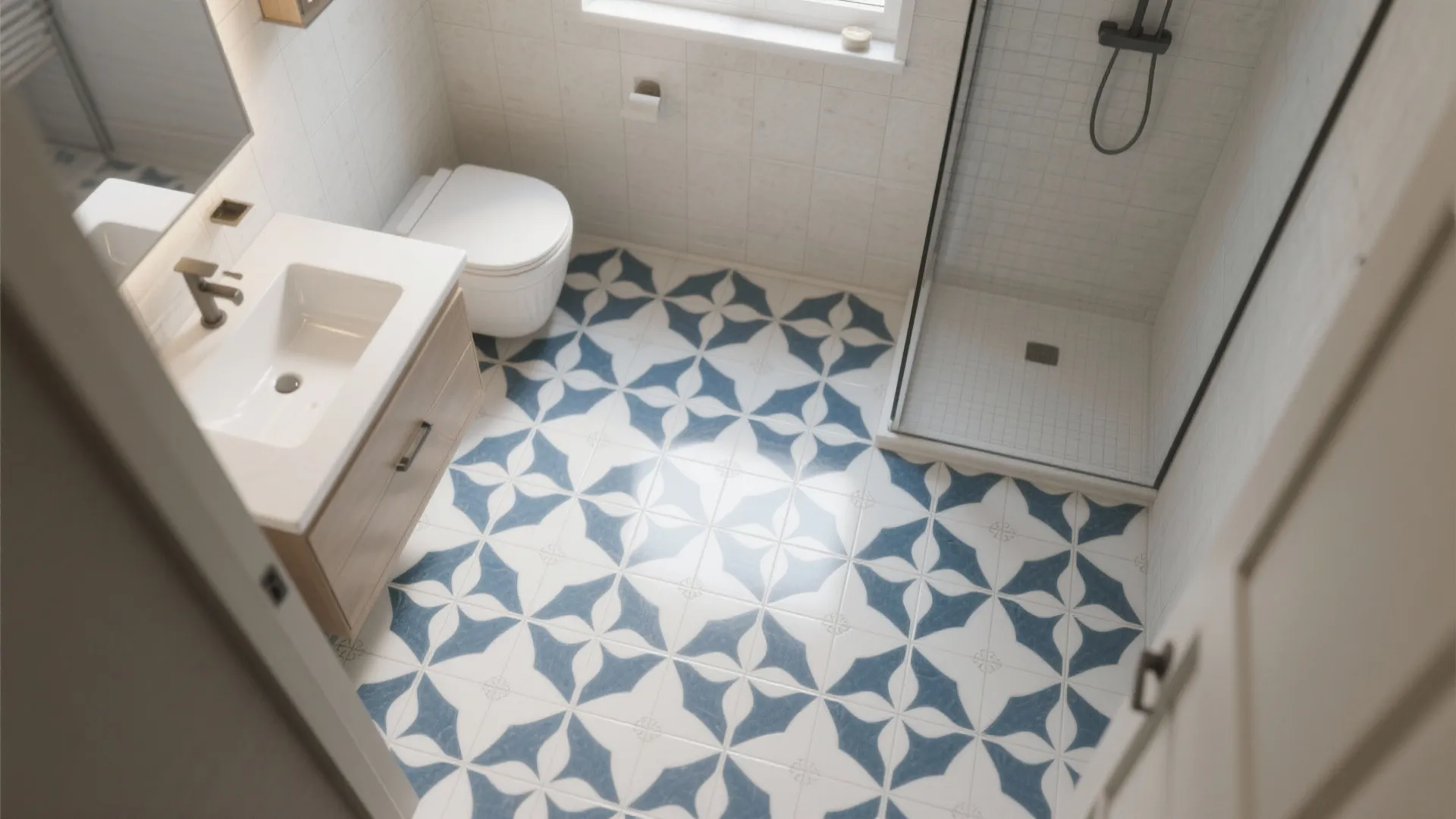 3. Patterned floor in blue and white