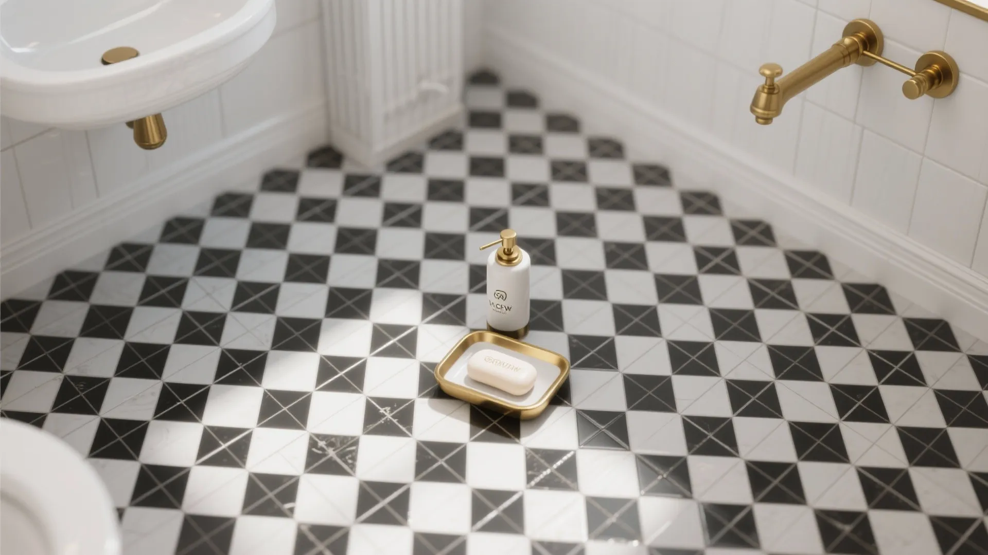 4. Patterned Black & White Floor with Simple Gold Details