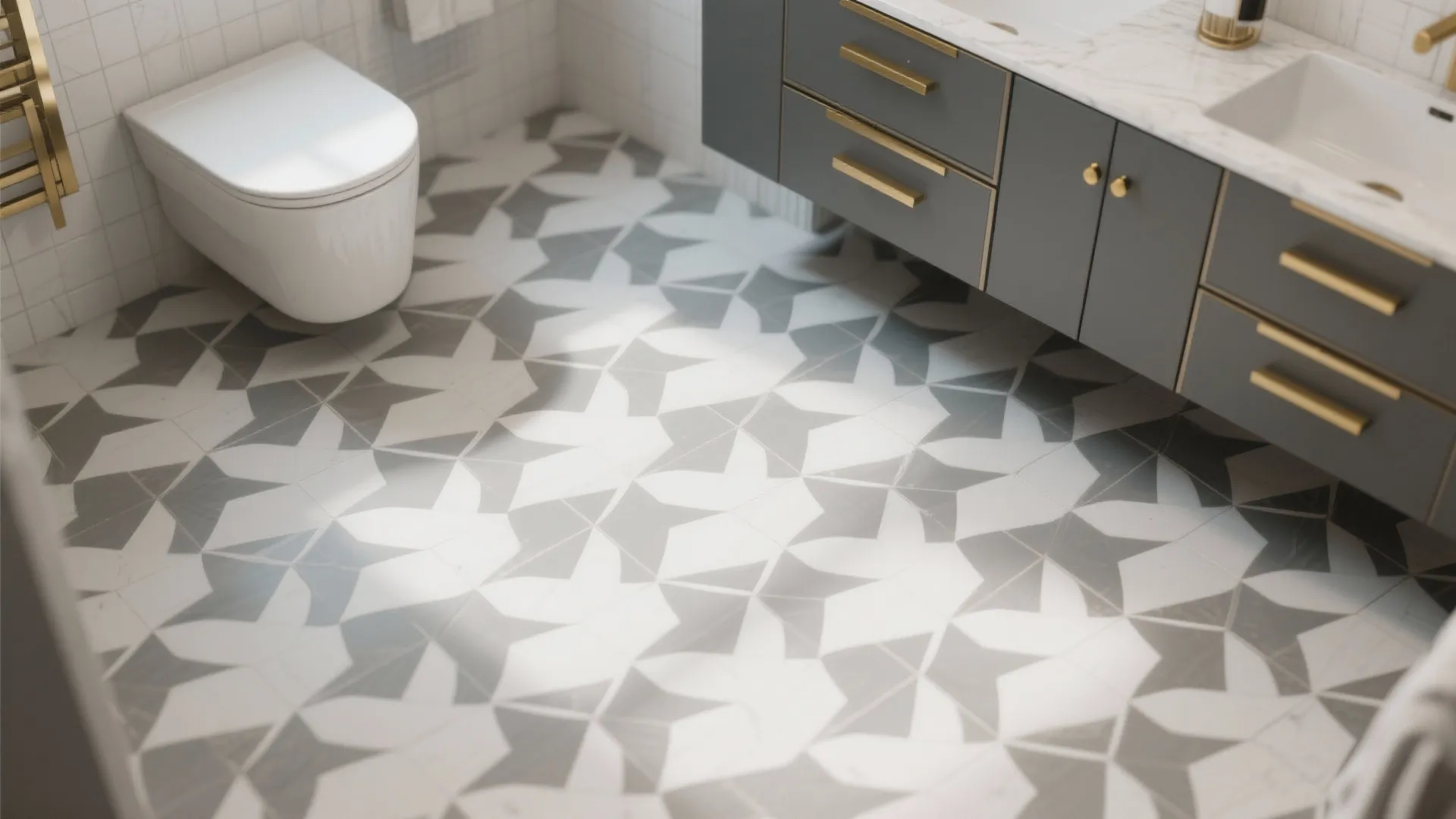 Bathroom interior with grey patterned floor tiles, white wall toilet, and dark cabinet with gold