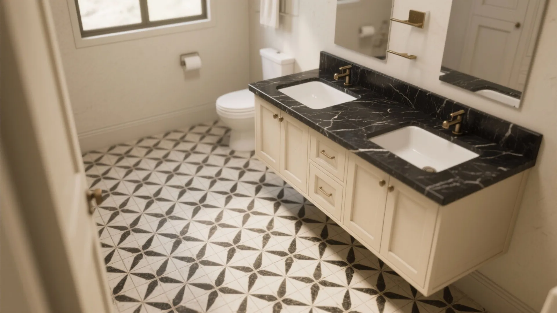 Modern bathroom with black marble cabinet top white double sinks and black patterned floor tiles design