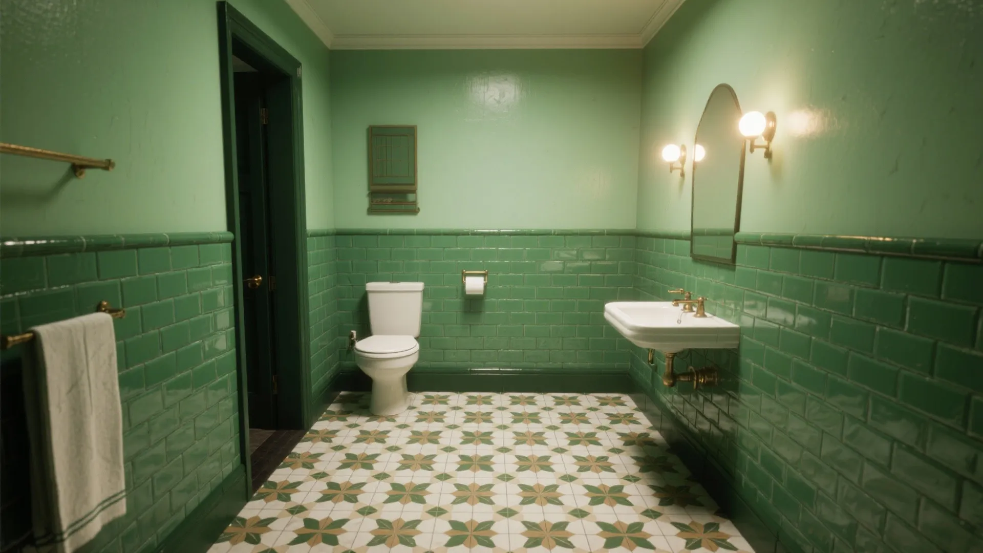 Bathroom with green subway tile walls and geometric patterned encaustic-style floor tiles