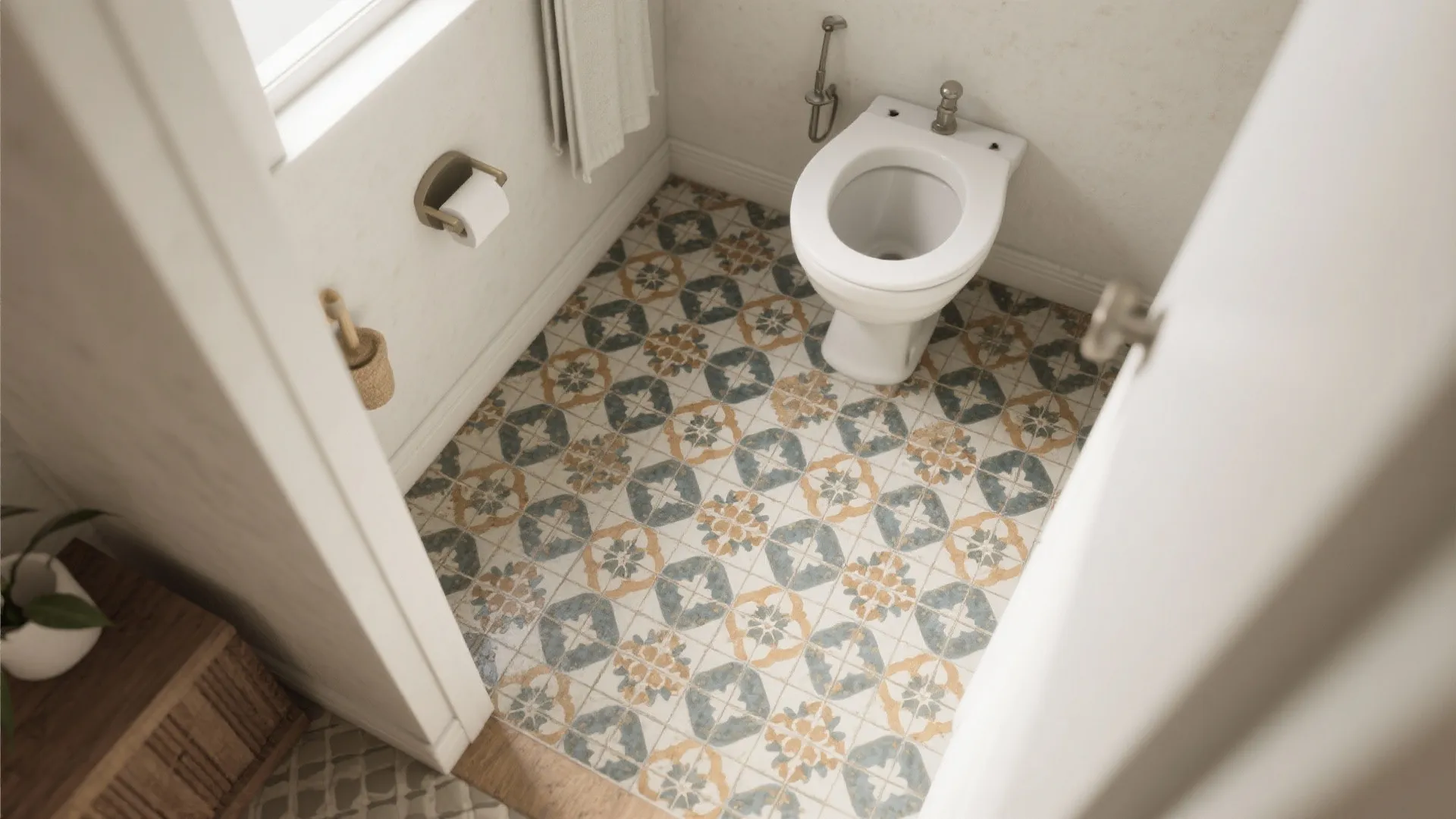 Small bathroom featuring a white toilet and decorative patterned floor tiles seen from an overhead view