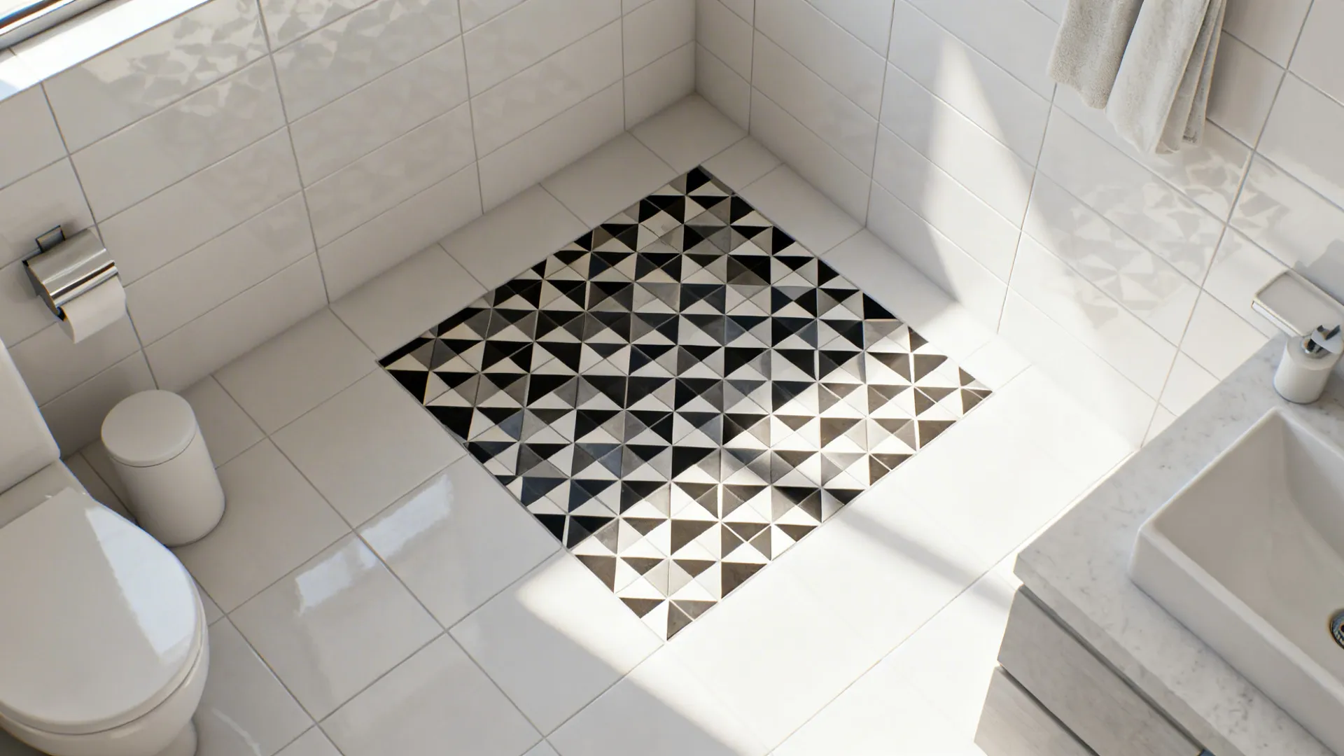 Patterned encaustic-look floor tiles used as an inset rug in a small bathroom