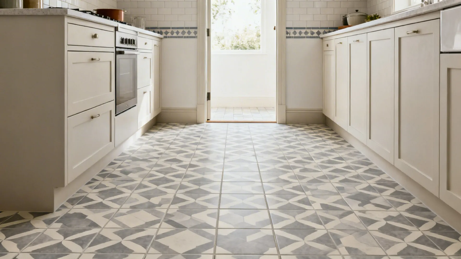 Small kitchen with matte 8x8 porcelain patterned floor and light cabinets.