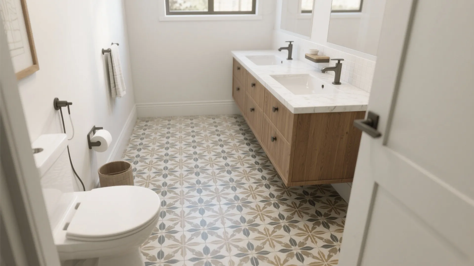 Patterned Encaustic-Look Floors to Anchor the Room