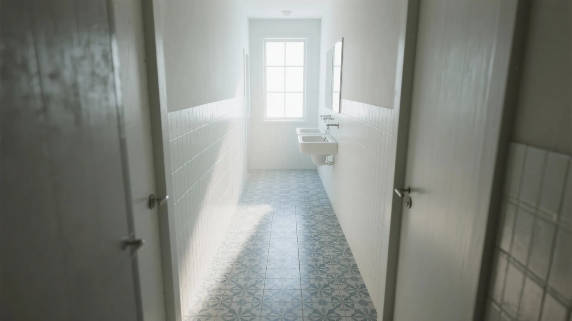 Bright narrow bathroom with patterned blue floor tiles white wall tiles and two wall-mounted sinks