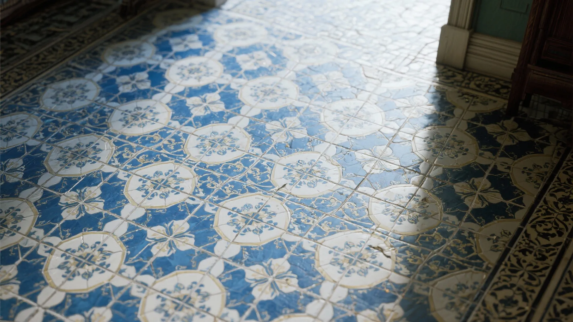 Blue and white patterned floor tiles with floral design in a sunlit room with sunlight