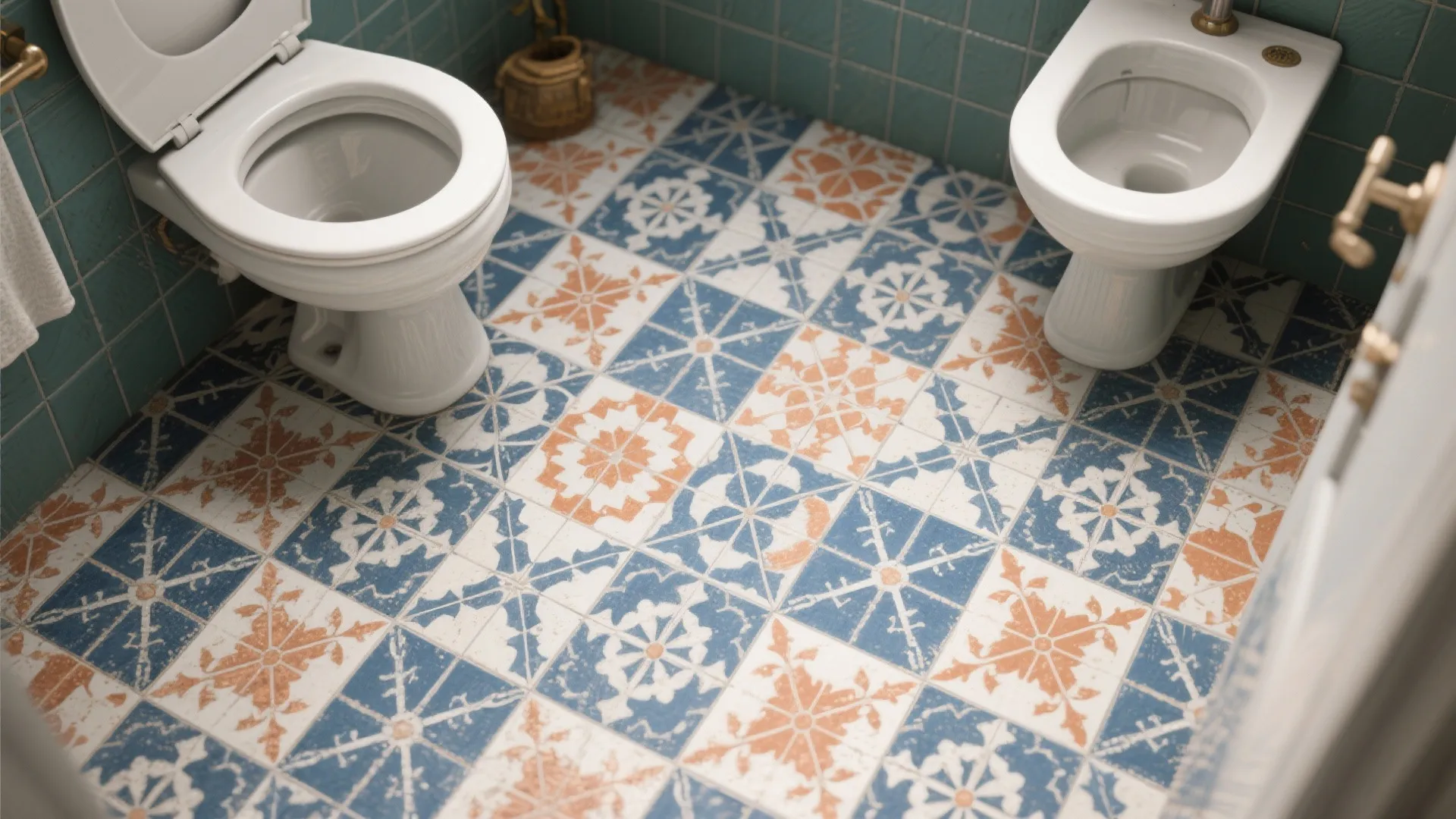 Top view of a small bathroom showing patterned blue and white floor tiles and toilets