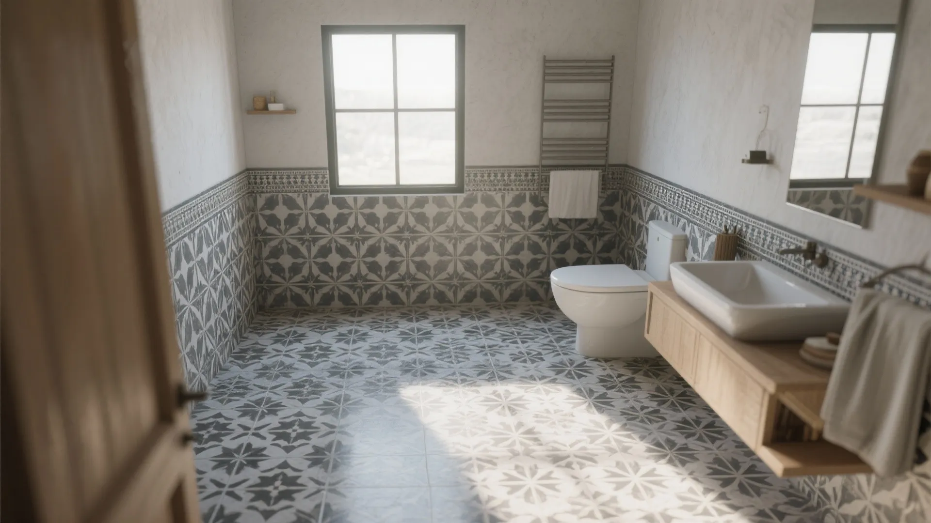 Bathroom with patterned floor tiles white toilet wooden cabinet white sink wall mirror and window