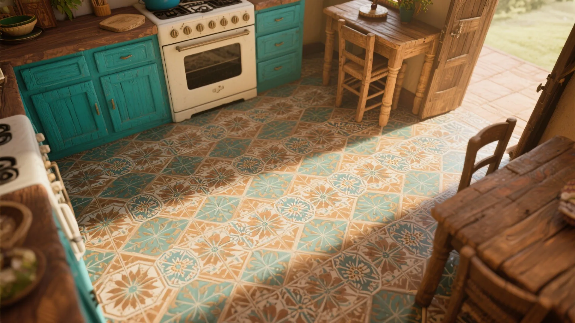 Rustic kitchen with patterned floor tiles turquoise cabinets white stove and wooden dining table set