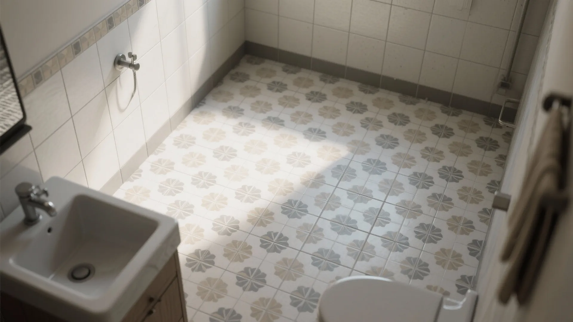 3. Subtle patterned floor tiles in gray and beige