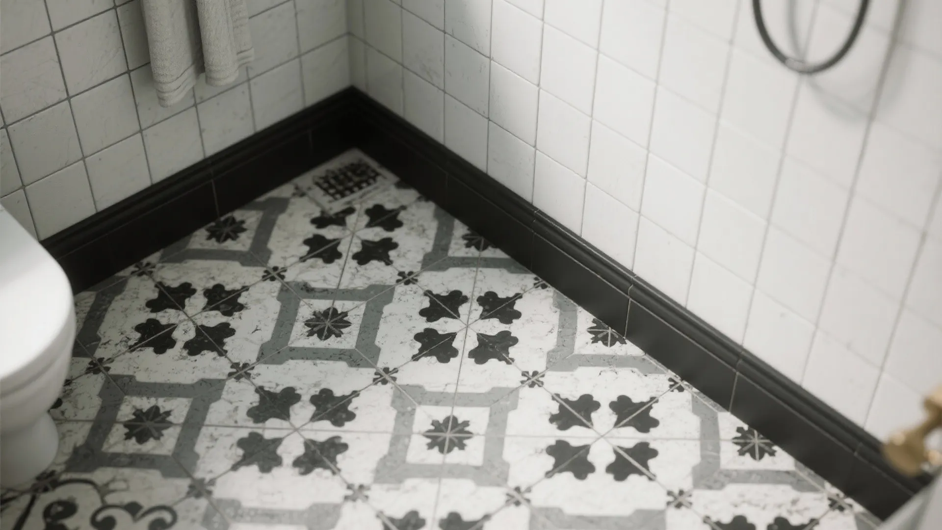 Bathroom floor featuring black and white patterned tiles with dark baseboards and white wall tiles