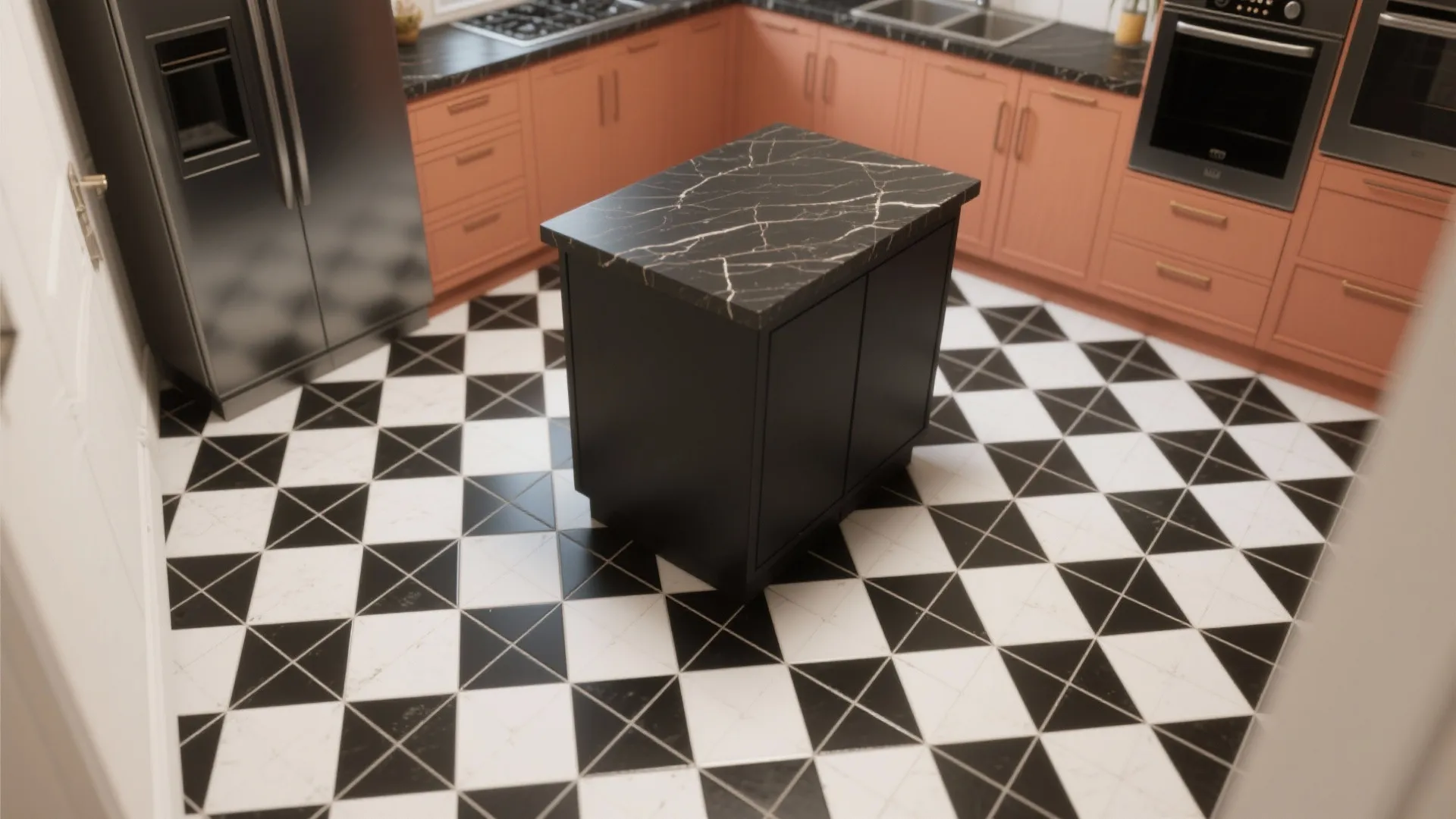Geometric patterned tile floor in black, white and warm accent tying a small kitchen together