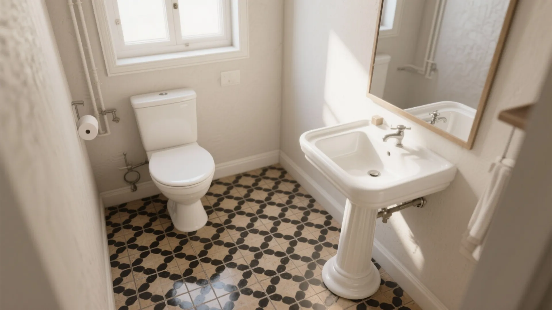 5. Patterned black-and-beige floor with simple white fixtures