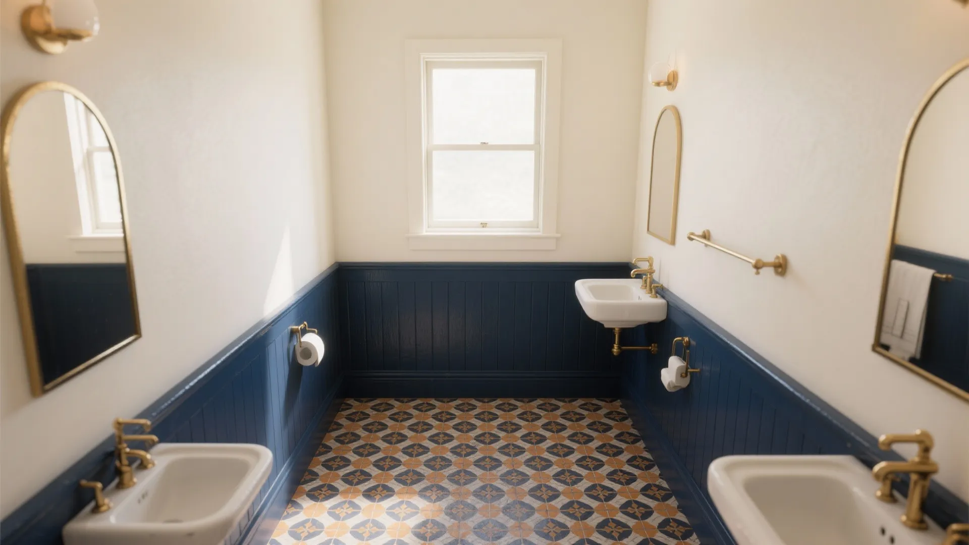 Classic bathroom with patterned floor tiles blue wall panels white sinks and gold wall lights
