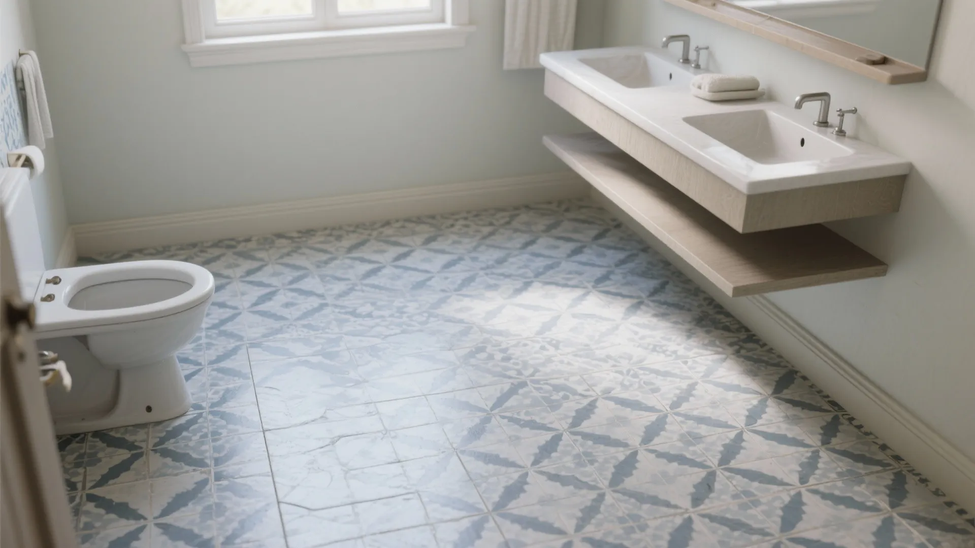 Bright bathroom featuring blue patterned floor tiles white toilet and wooden vanity with double sinks