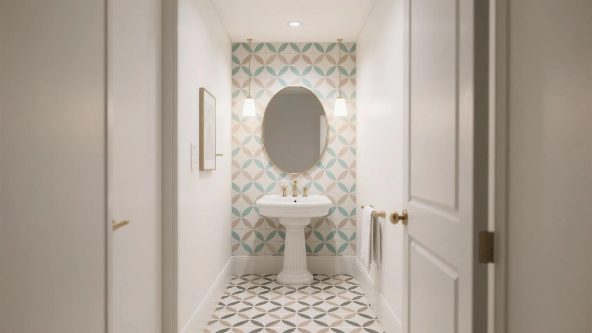 Small bathroom area featuring a pedestal sink round mirror and colorful geometric pattern wall tiles