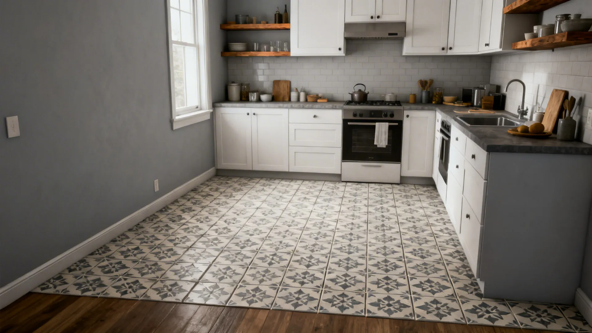 Small kitchen with gray encaustic-look patterned floor defining the cooking zone and plain walls.