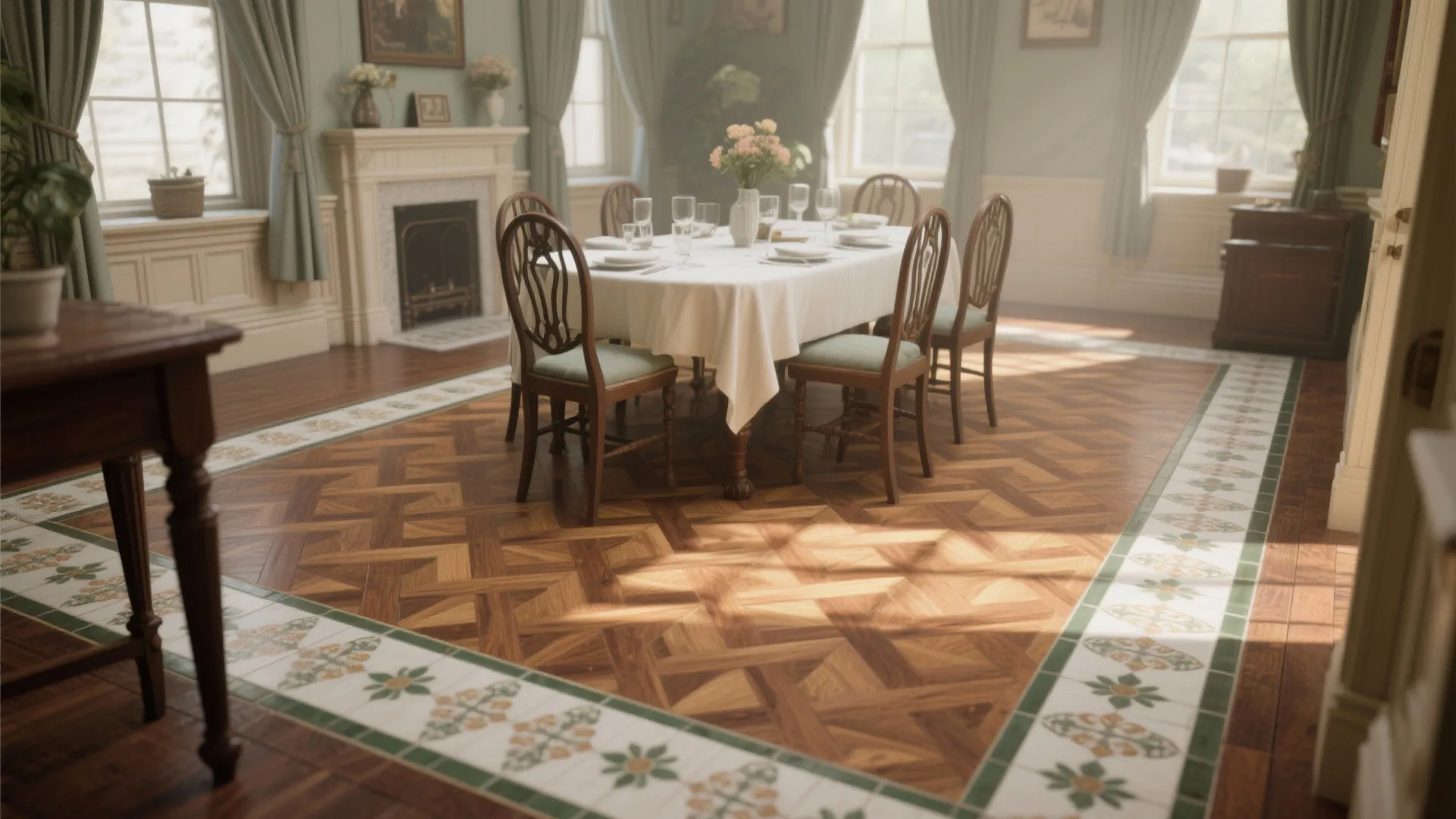 Edwardian dining room with patterned parquet flooring