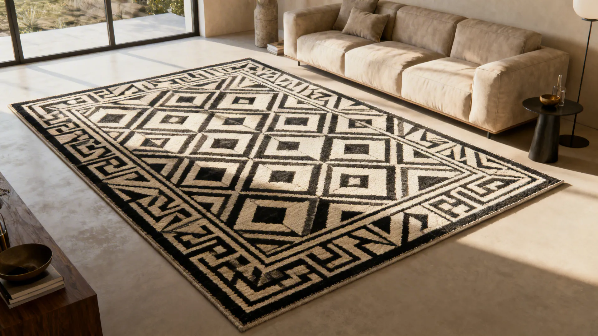 Living room anchored by a bold patterned 12x14 rug creating a strong focal area