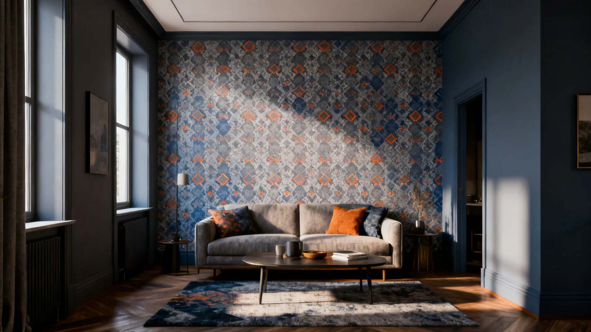 Small living room with geometric grey-blue and orange patterned wallpaper behind the sofa