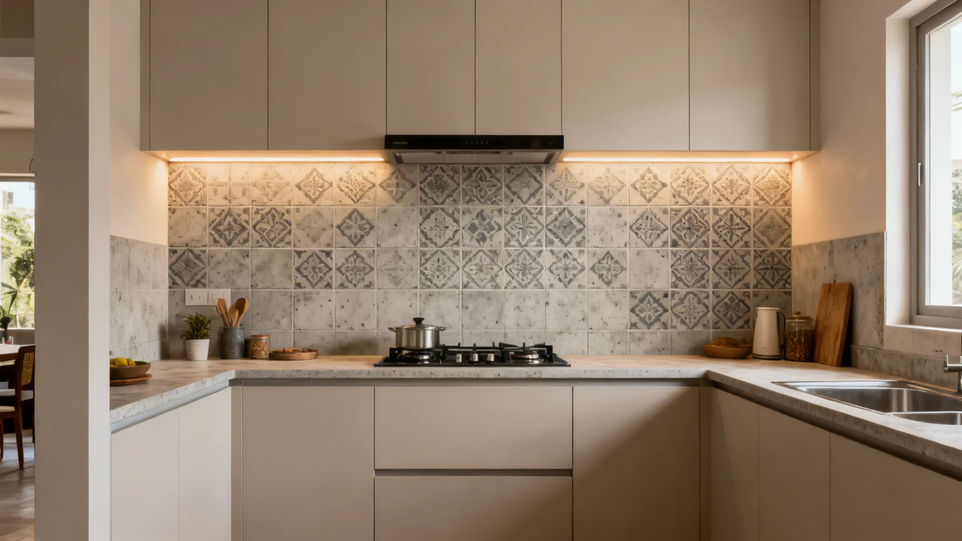 Patterned cement-look porcelain tiles create a stove focal wall in a neutral Kolkata kitchen.