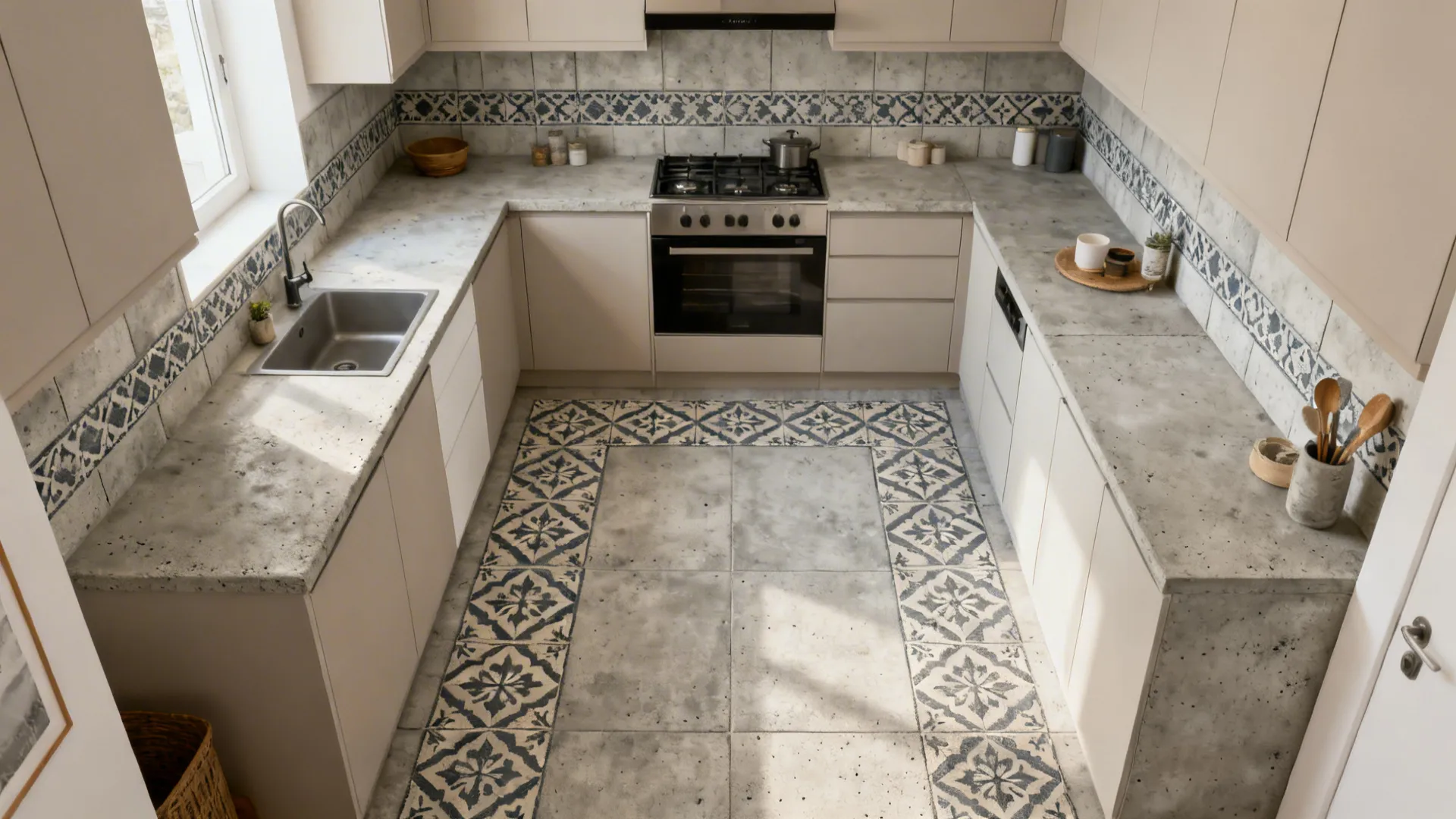 Patterned cement-look porcelain tiles define a focal backsplash strip and floor runner in a small kitchen.