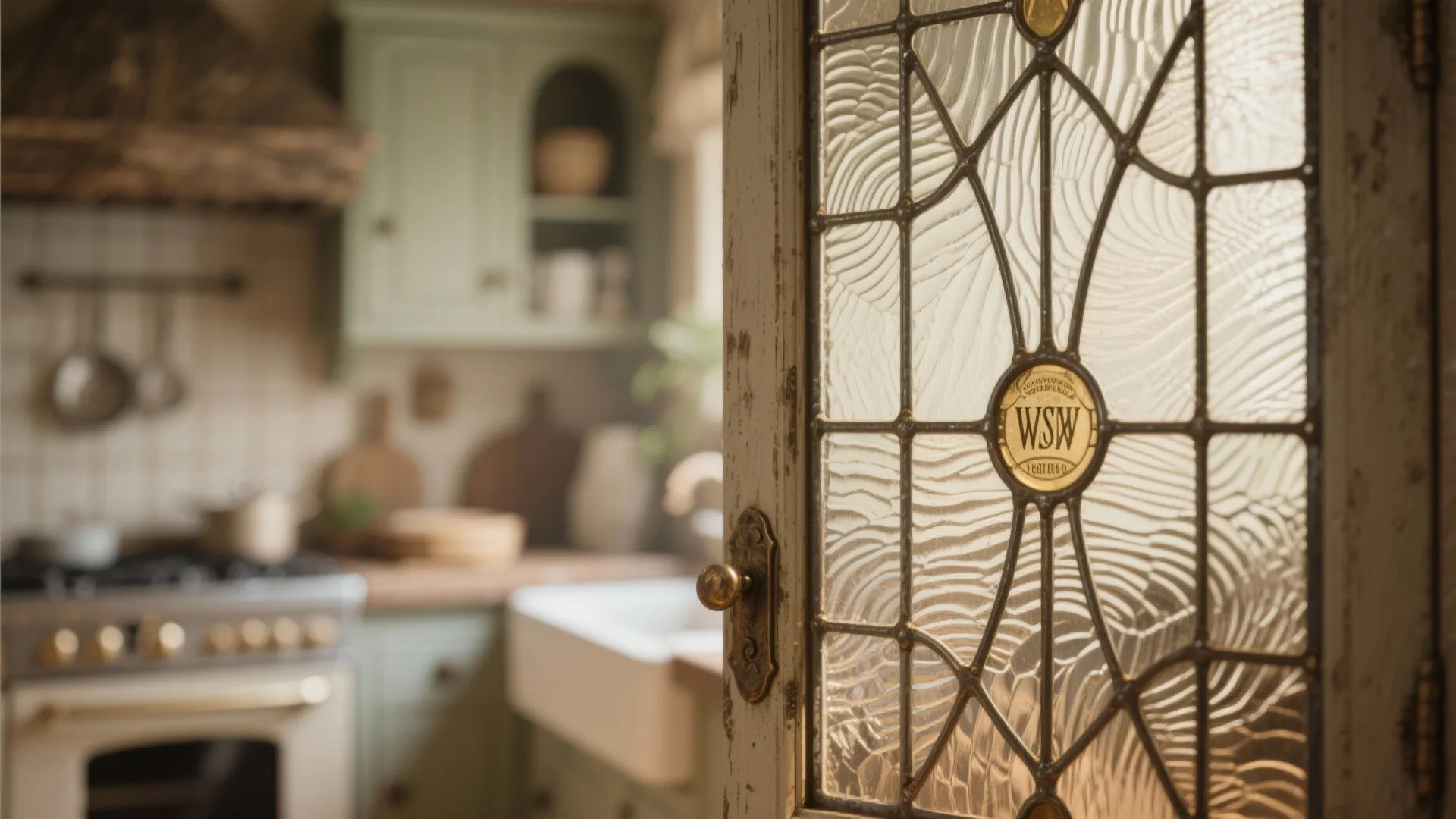 Close-up of leaded patterned glass cabinet door showing textured grooves and metal frame.
