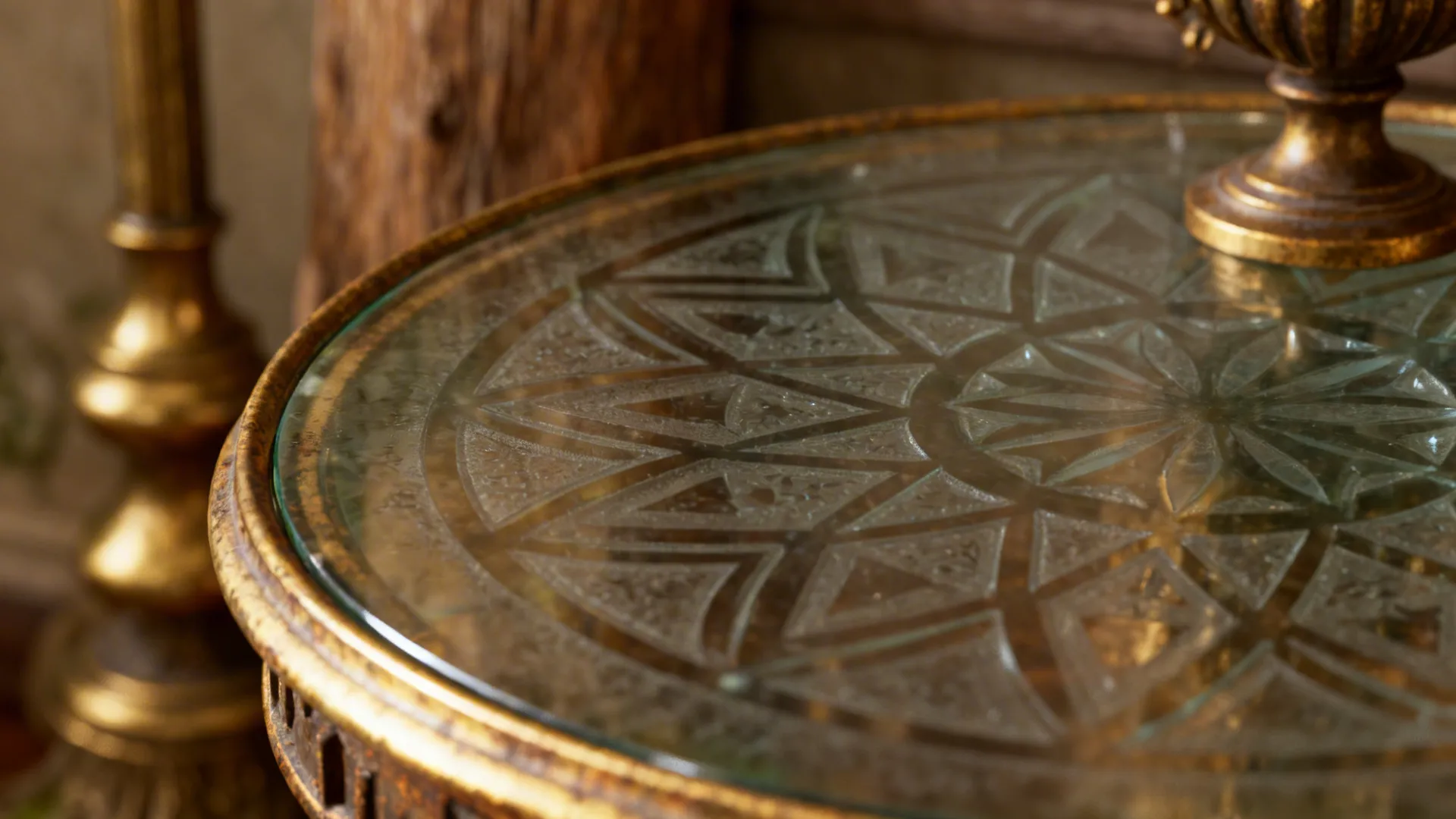 Close-up of antique smoked patterned glass tabletop with warm reflections and brass accents