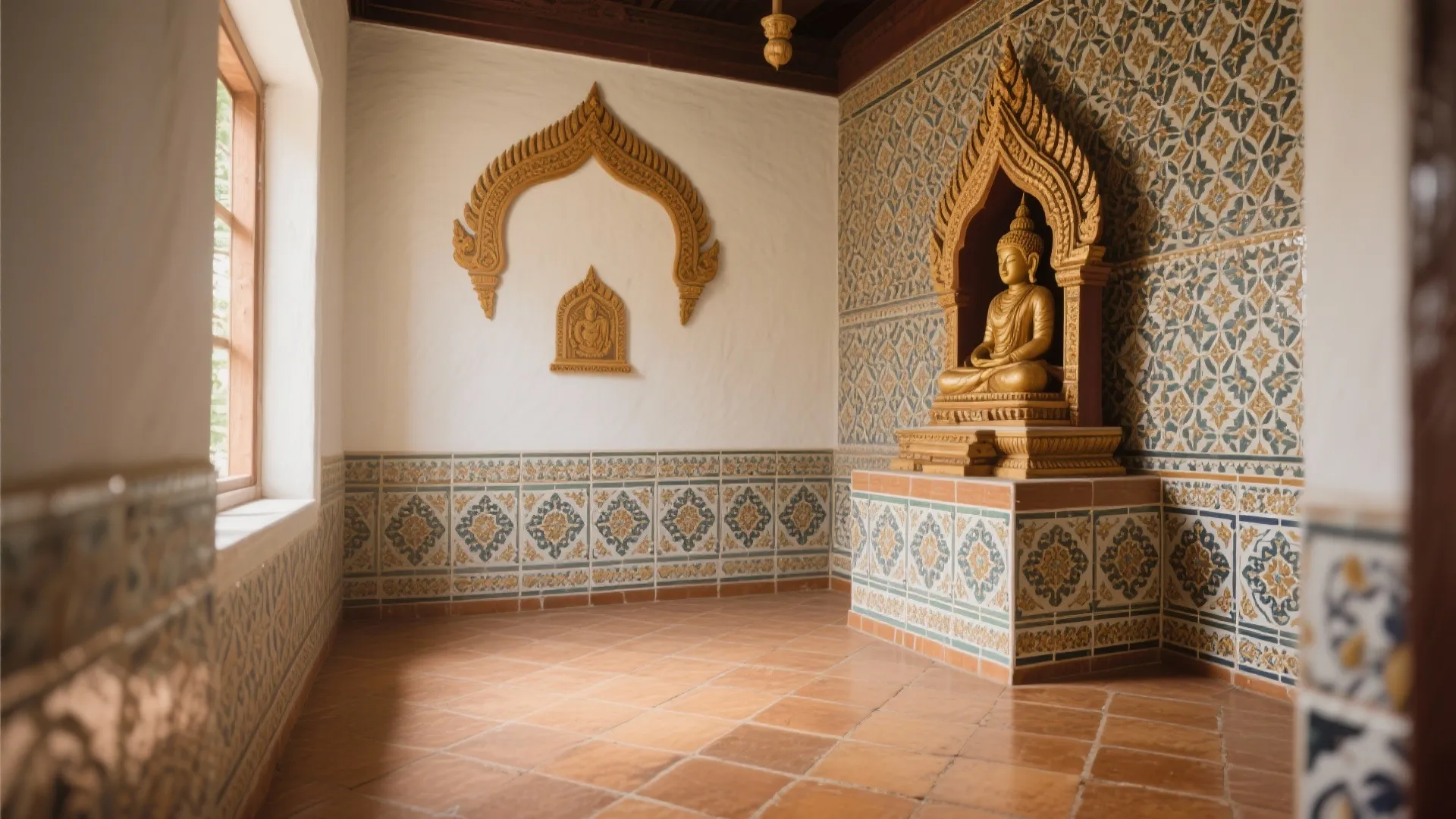 Traditional room with patterned wall tiles golden buddha statue orange floor tiles and a side window