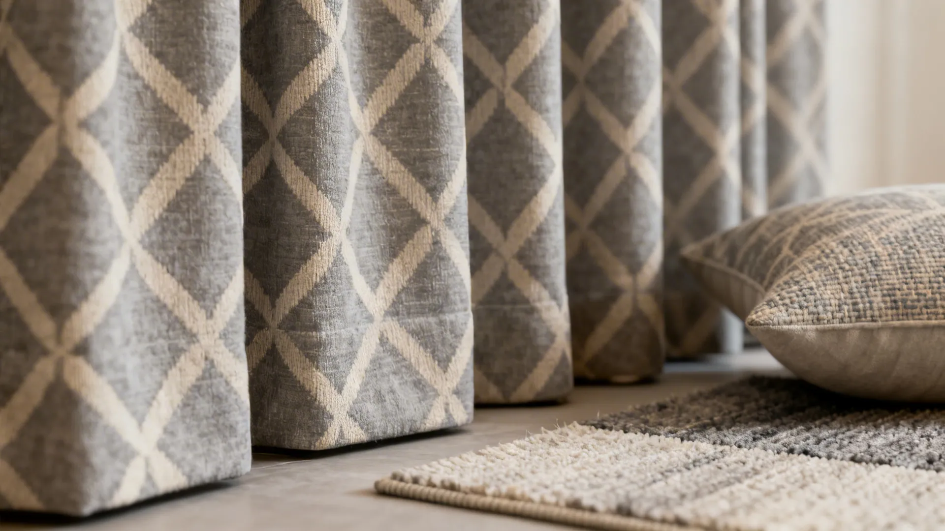 Close-up of subtle geometric gray-beige curtain fabric with matching cushion and rug samples.