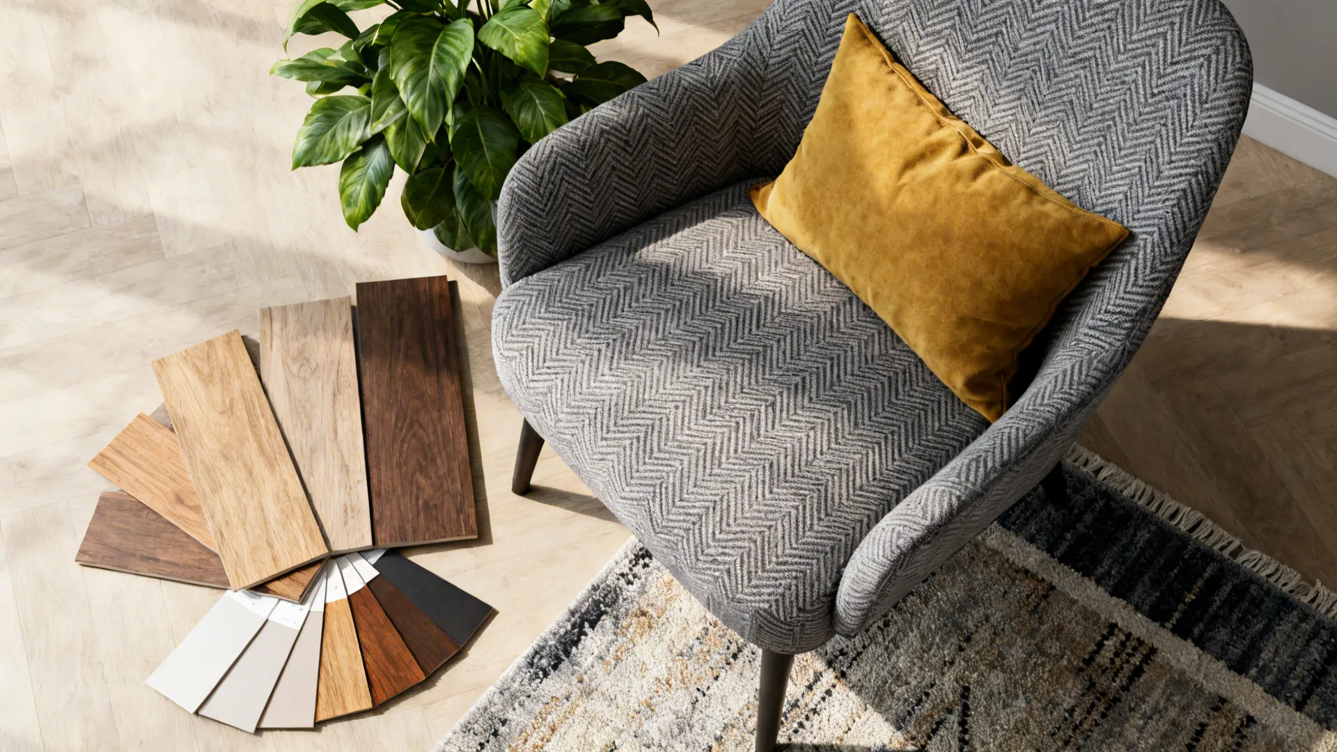 Patterned gray accent chair fabric swatches with complementary colors and materials