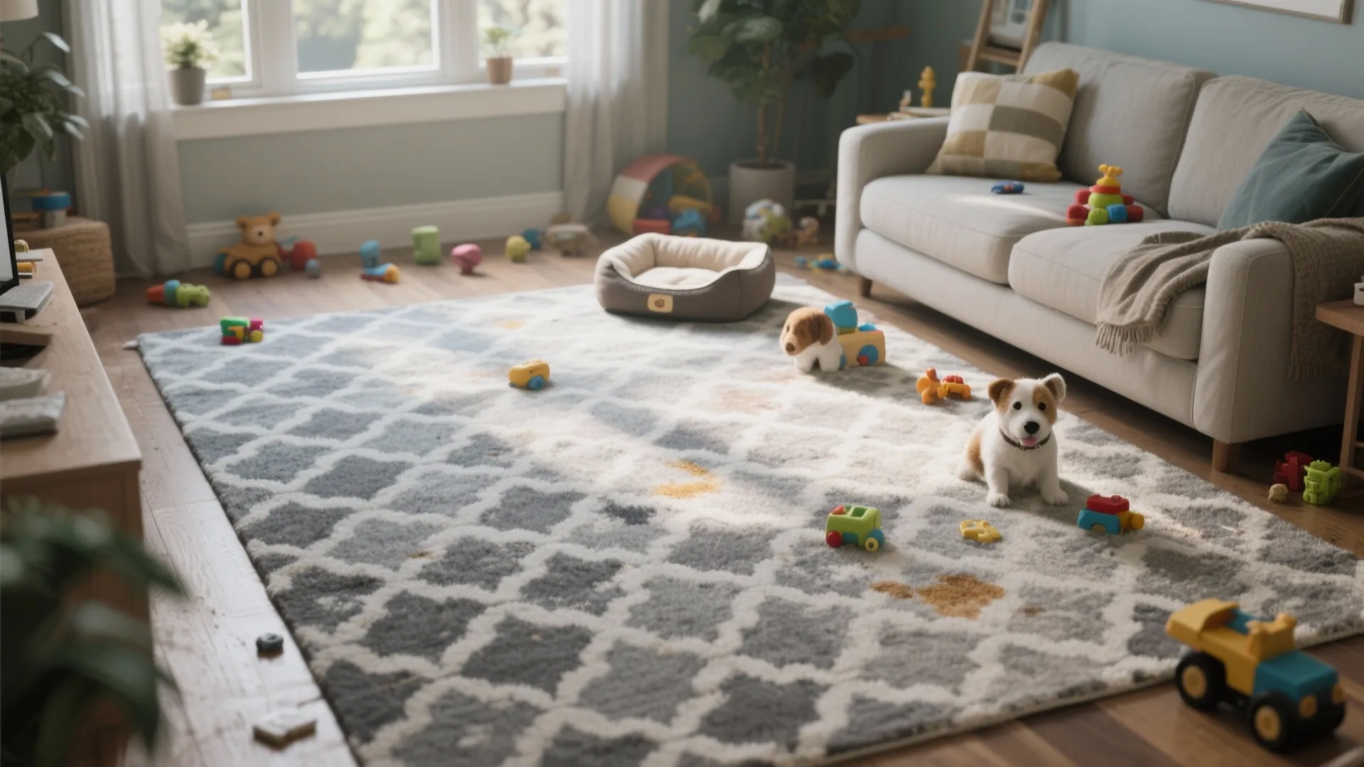 5. Patterned gray rug to hide life’s messes