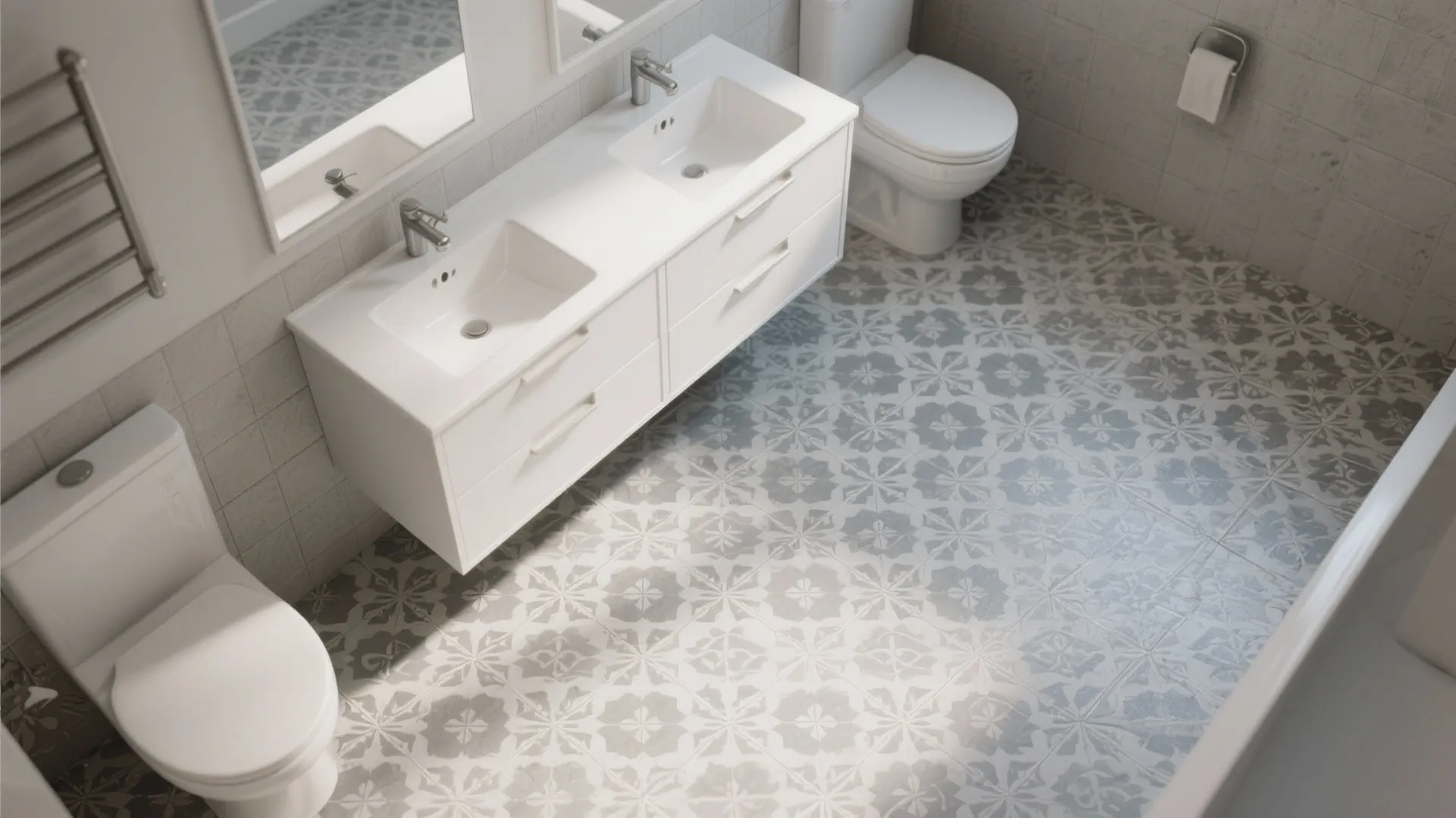 5. Patterned gray floor tiles with simple white vanity to ground the look