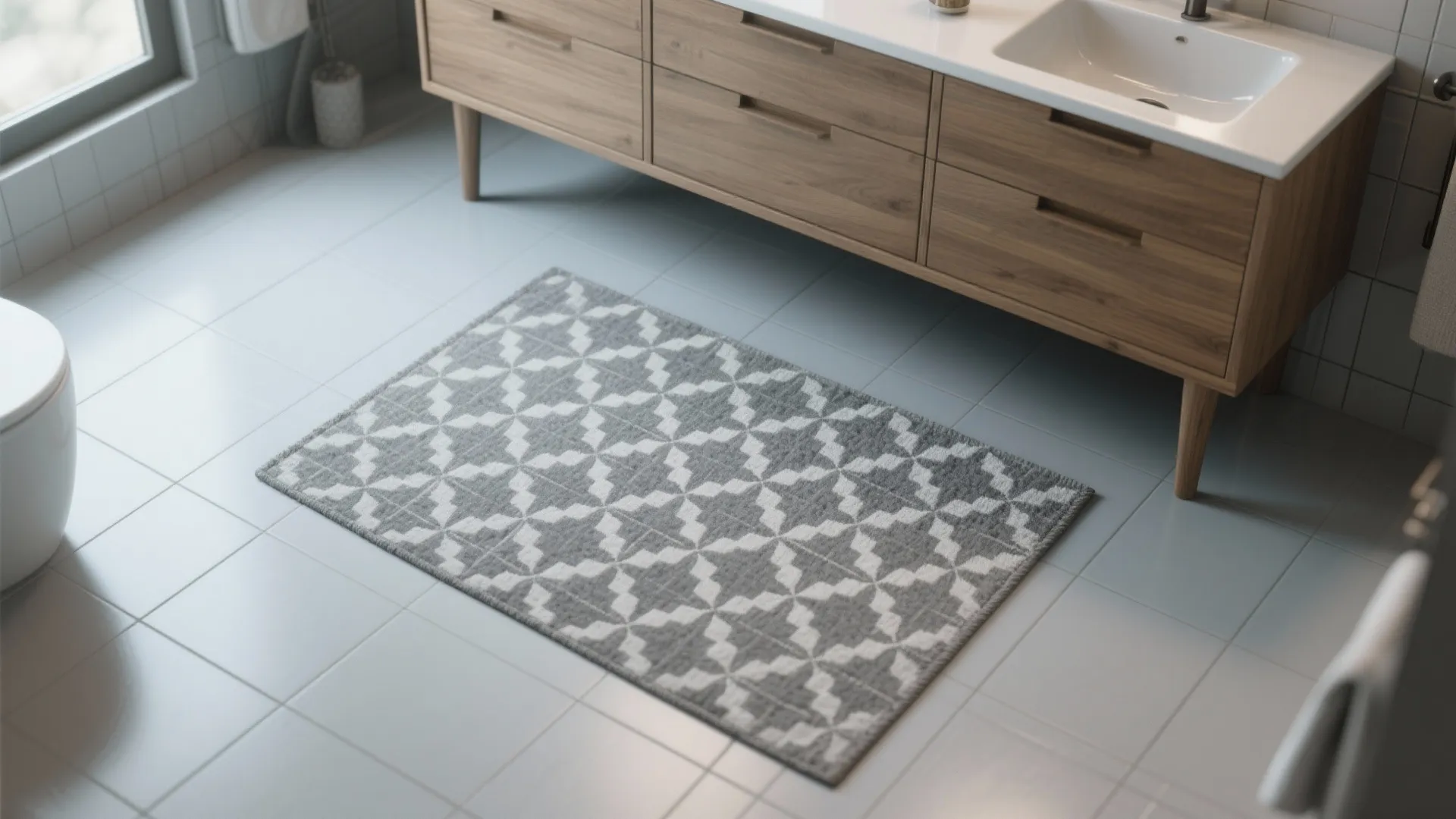 Gray and white patterned rug placed on light tiles in front of a wood cabinet
