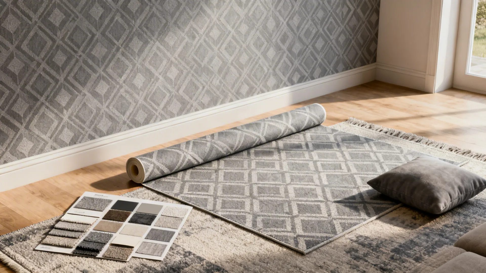 Patterned gray wallpaper sample paired with rug and cushion swatches showing scale and texture.