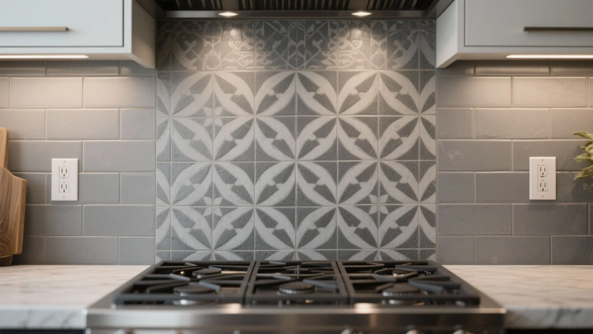 3. Patterned Gray Tiles as a Feature Splashback