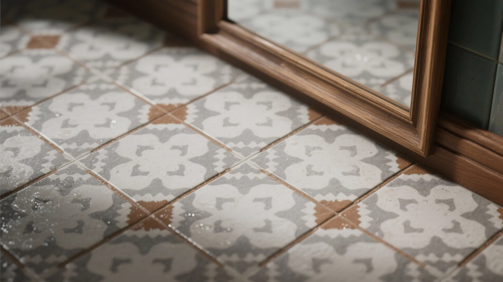 4. Patterned gray tiles with warm grout