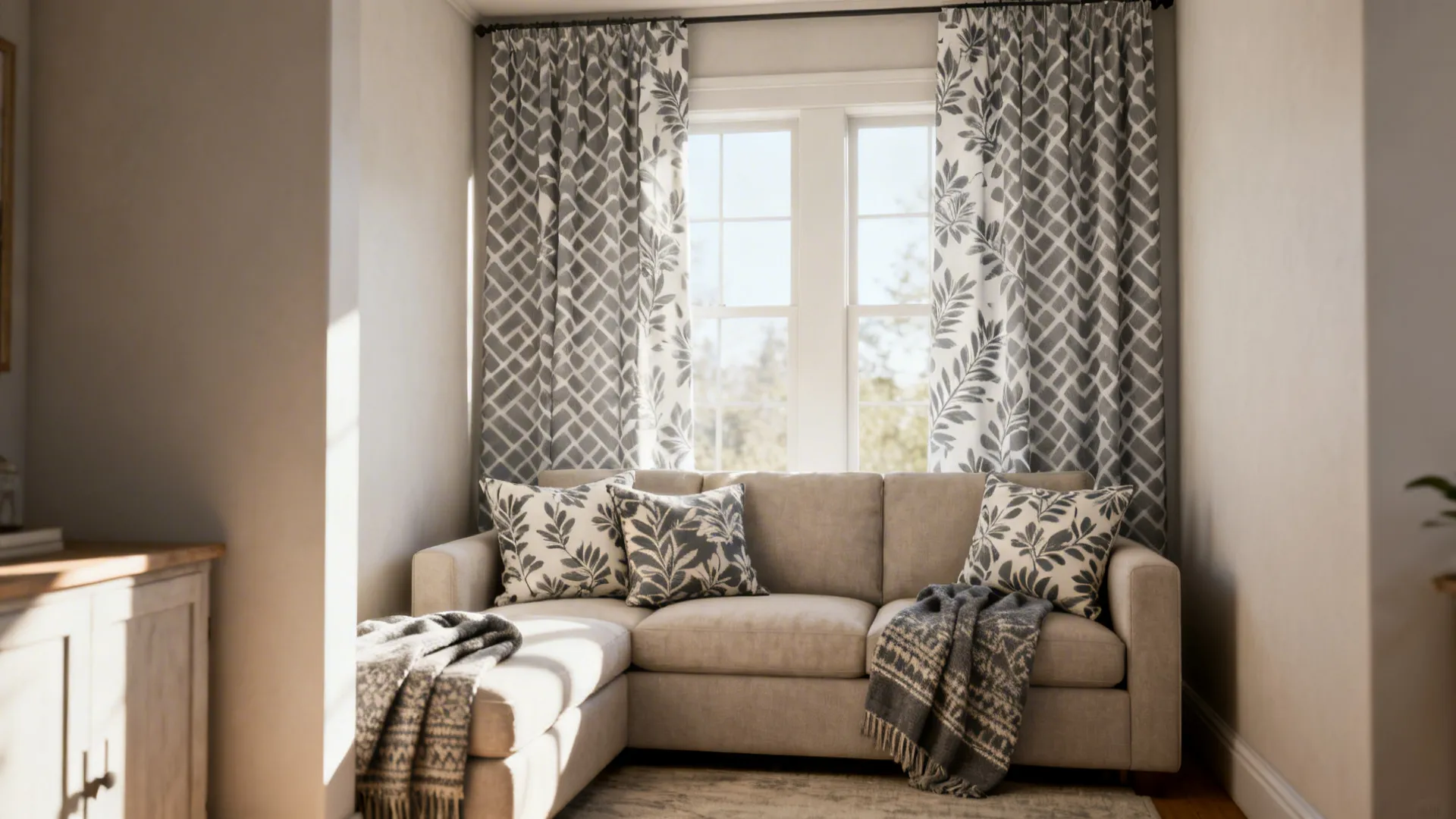 Cozy living room corner with beige sofa patterned pillows curtains window and warm natural sunlight