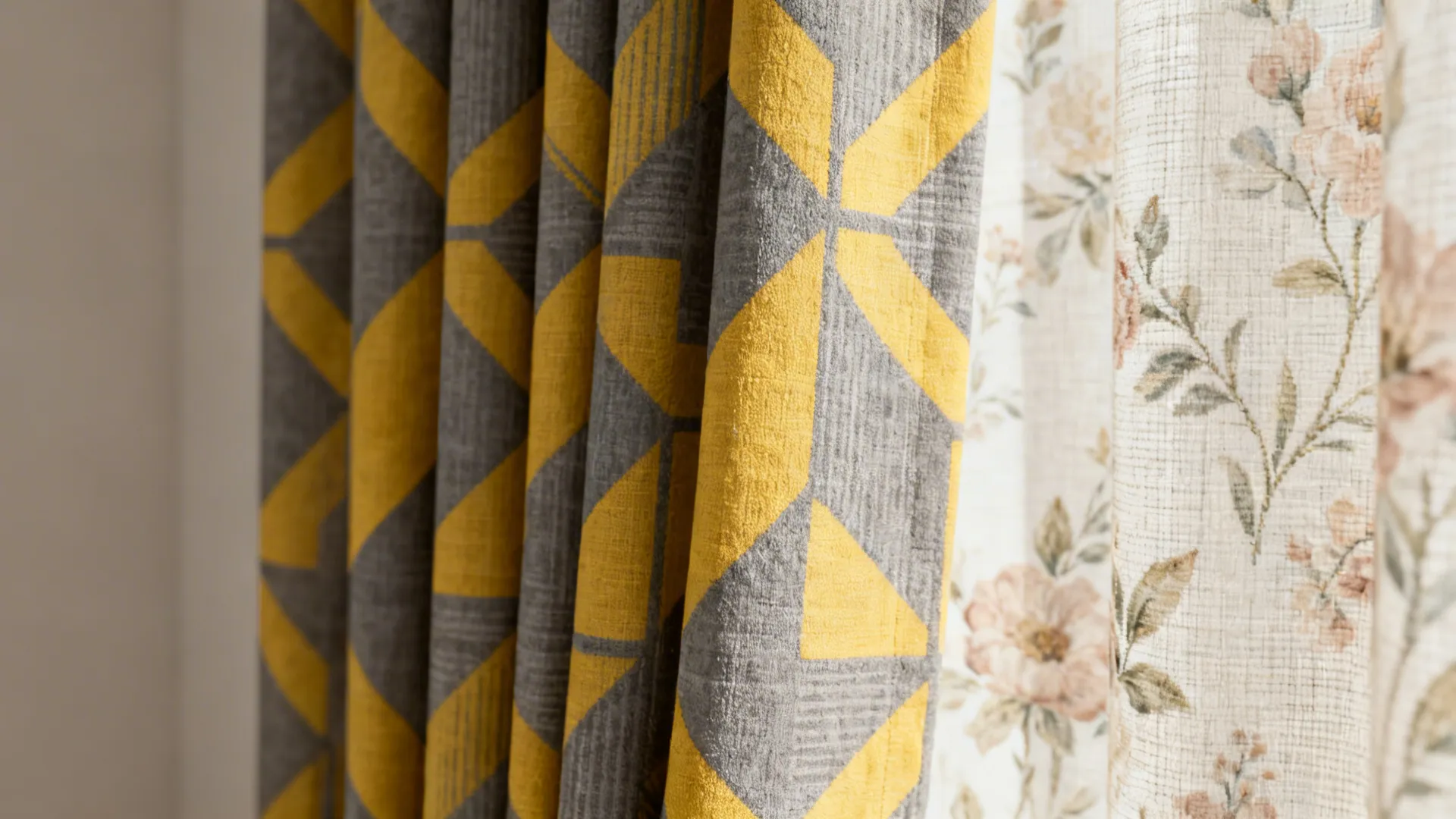 Close-up of gray and yellow patterned curtain fabrics in geometric and floral motifs.