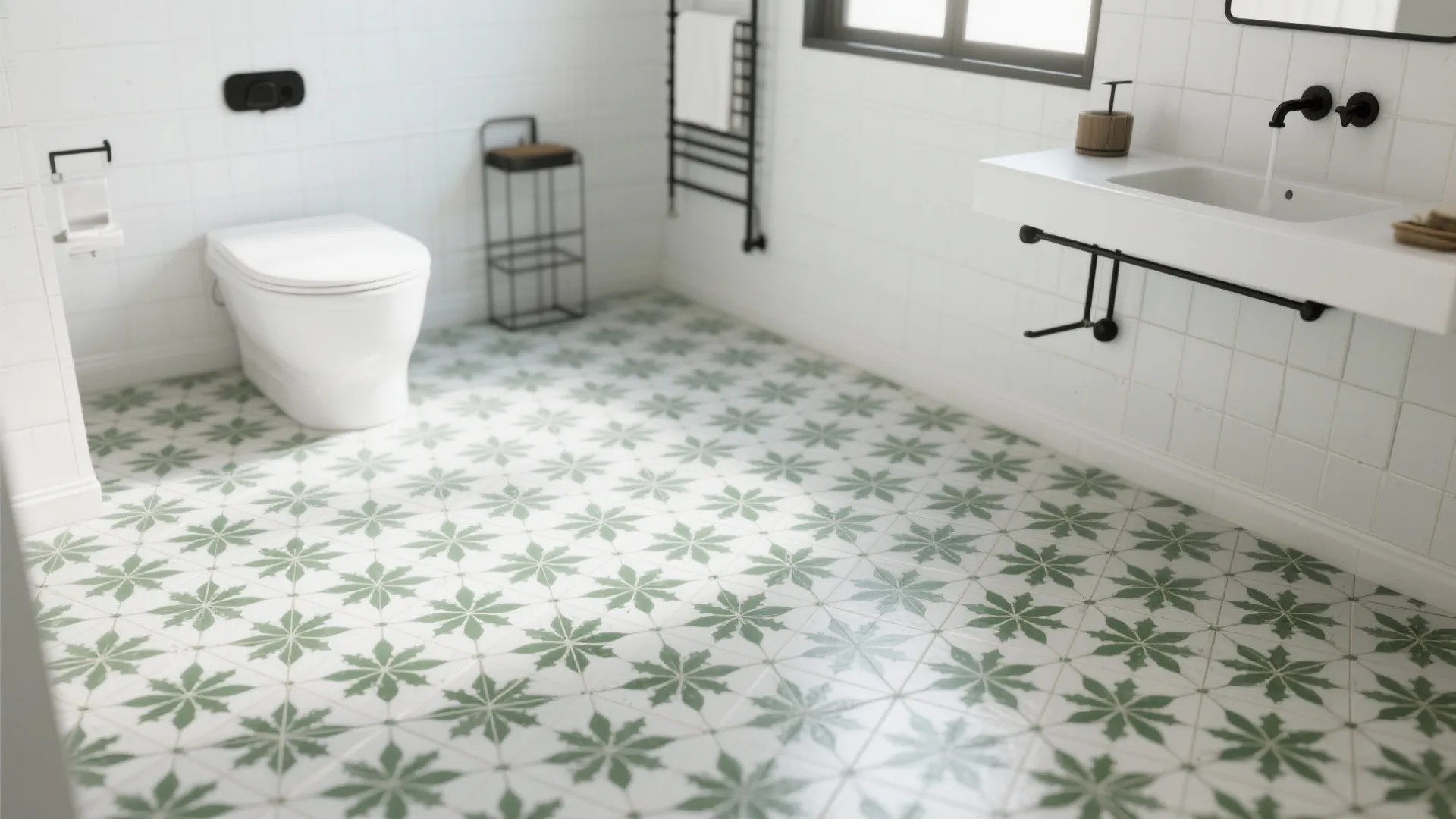 4. Patterned green tiles on the floor with monochrome walls
