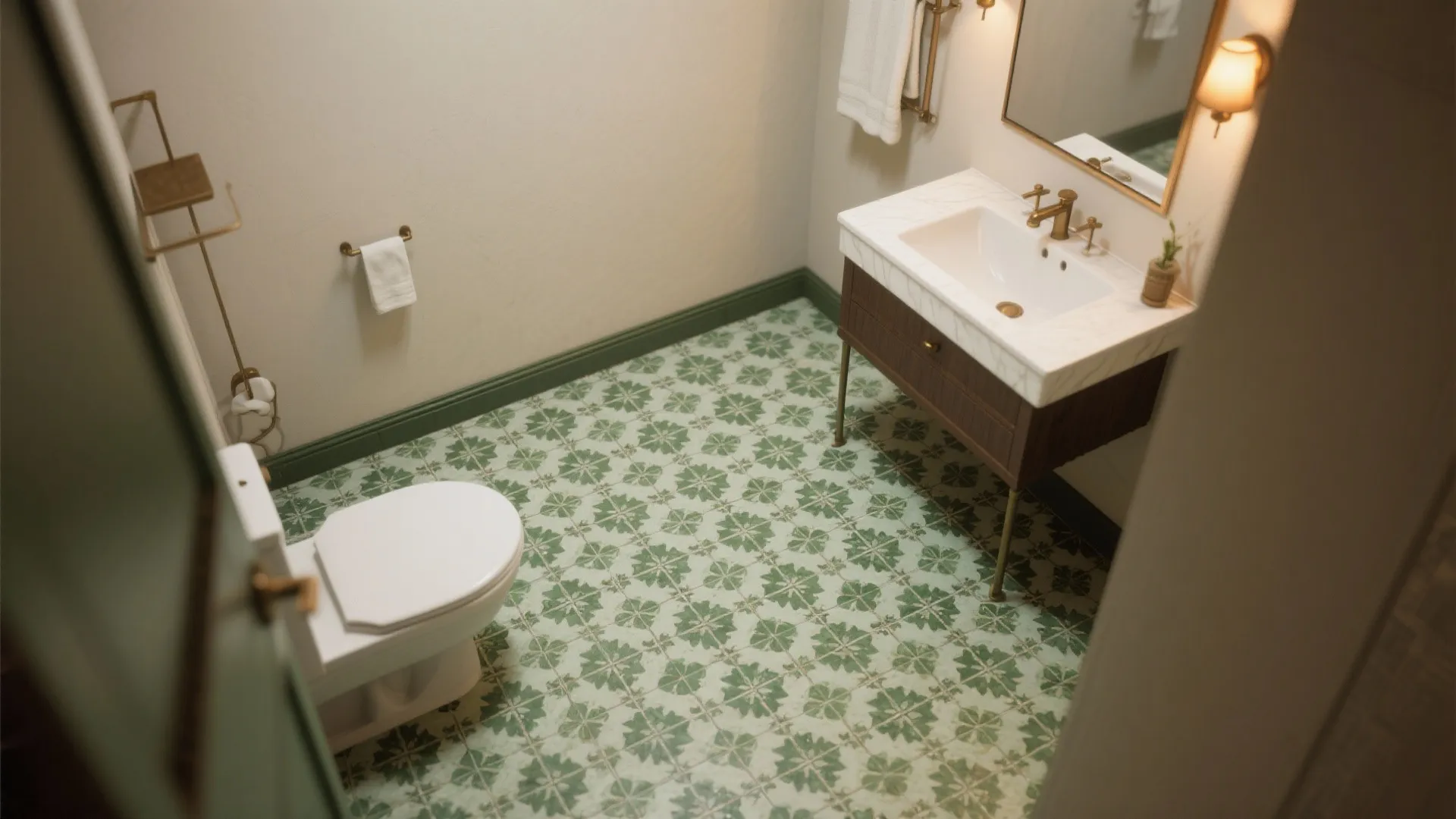 5. Patterned green encaustic-style tiles as a focal floor